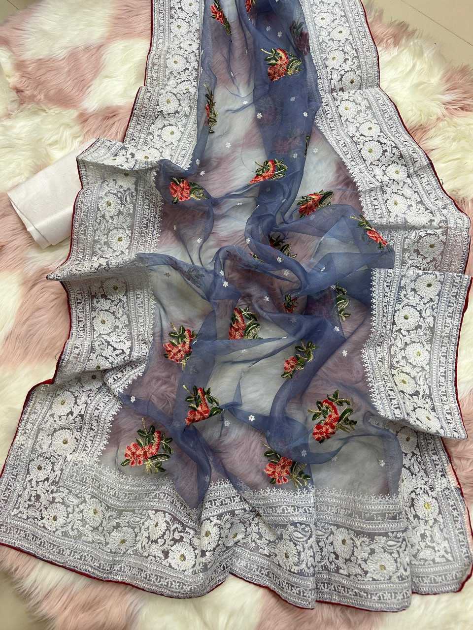 YNF ORGANZA SILK MPL 19 SAREES WHOLESALE ORGANZA FANCY CHIKAN SAREES EMANUFACTURER