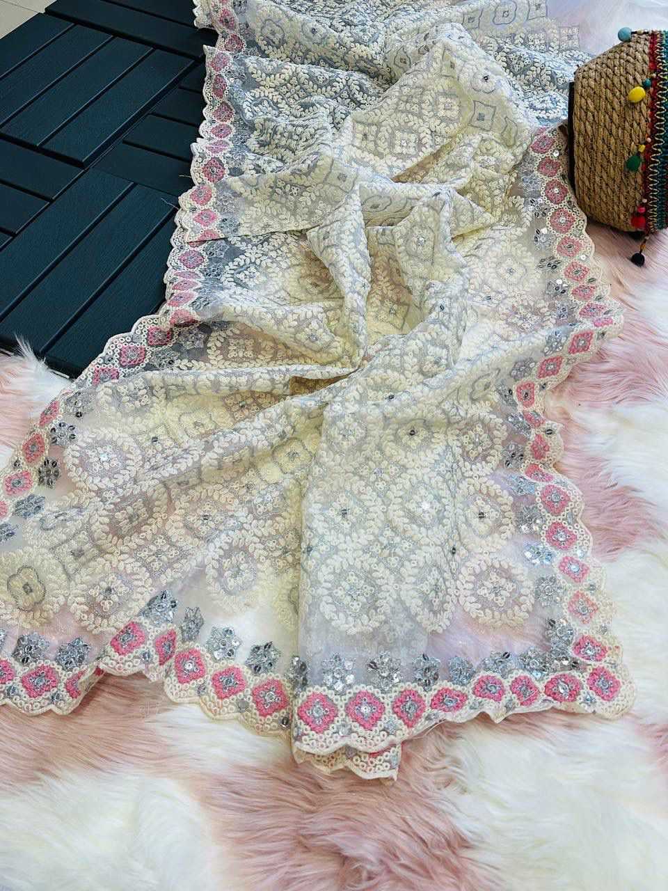 YNF ORGANZA SILK MPL 27 SAREES WHOLESALE ORGANZA EMBROIDERED CHIKAN SAREES  MANUFACTURER