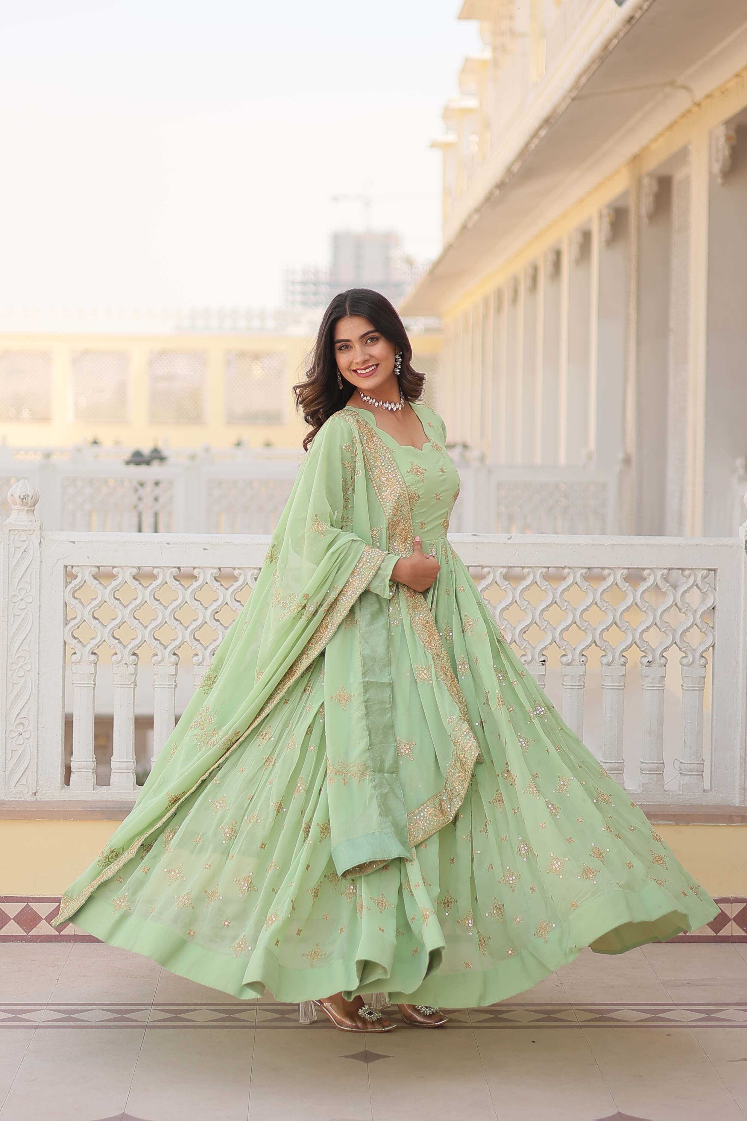 Ynf Faux Georgette KESH215 KA-1102 Gowns Wholesale Embroidery Gowns Georgette Gown Sequin Gowns Manufacturer