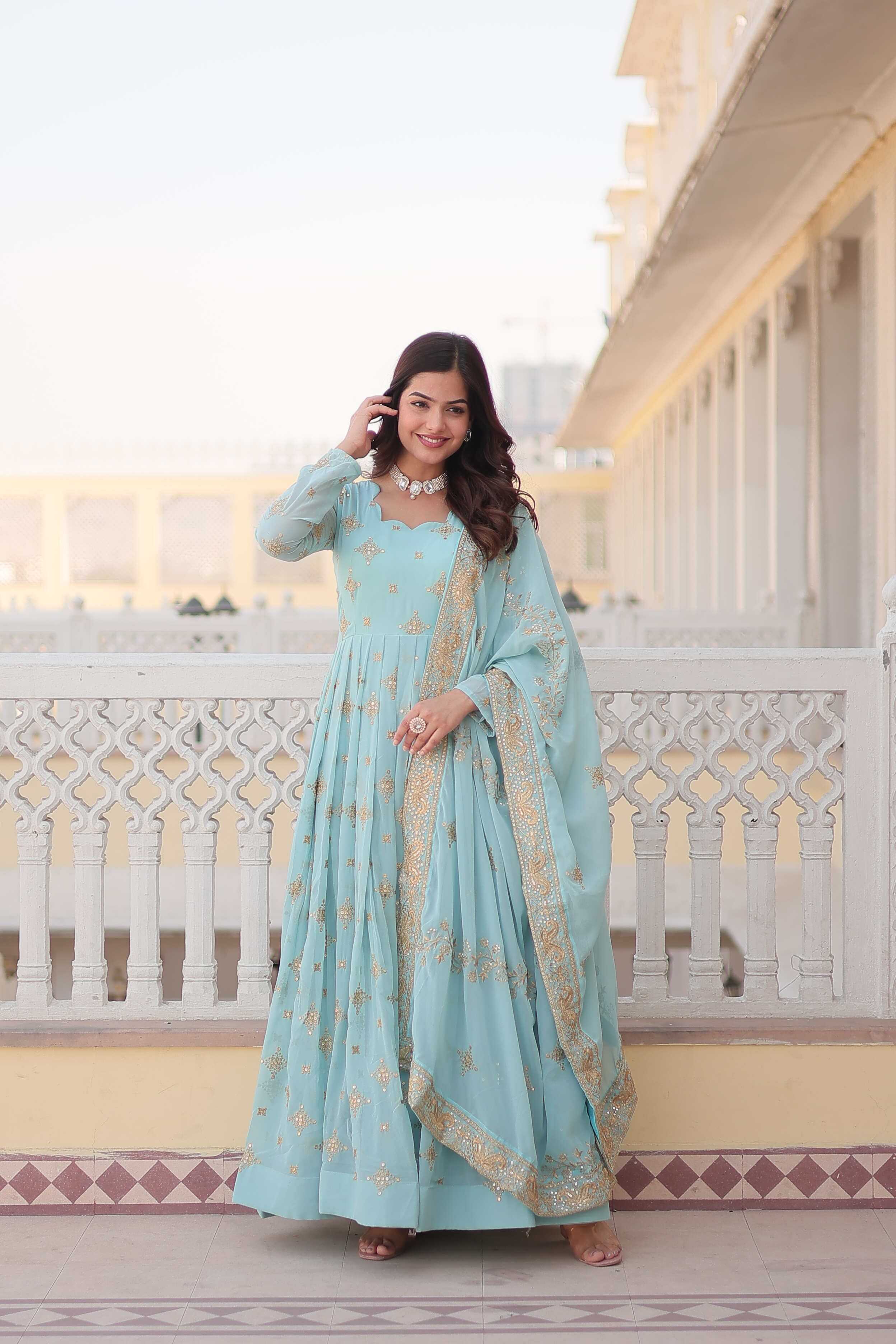 Ynf Faux Georgette KESH215 KA-1102 Gowns Wholesale Embroidery Gowns Georgette Gown Sequin Gowns Manufacturer