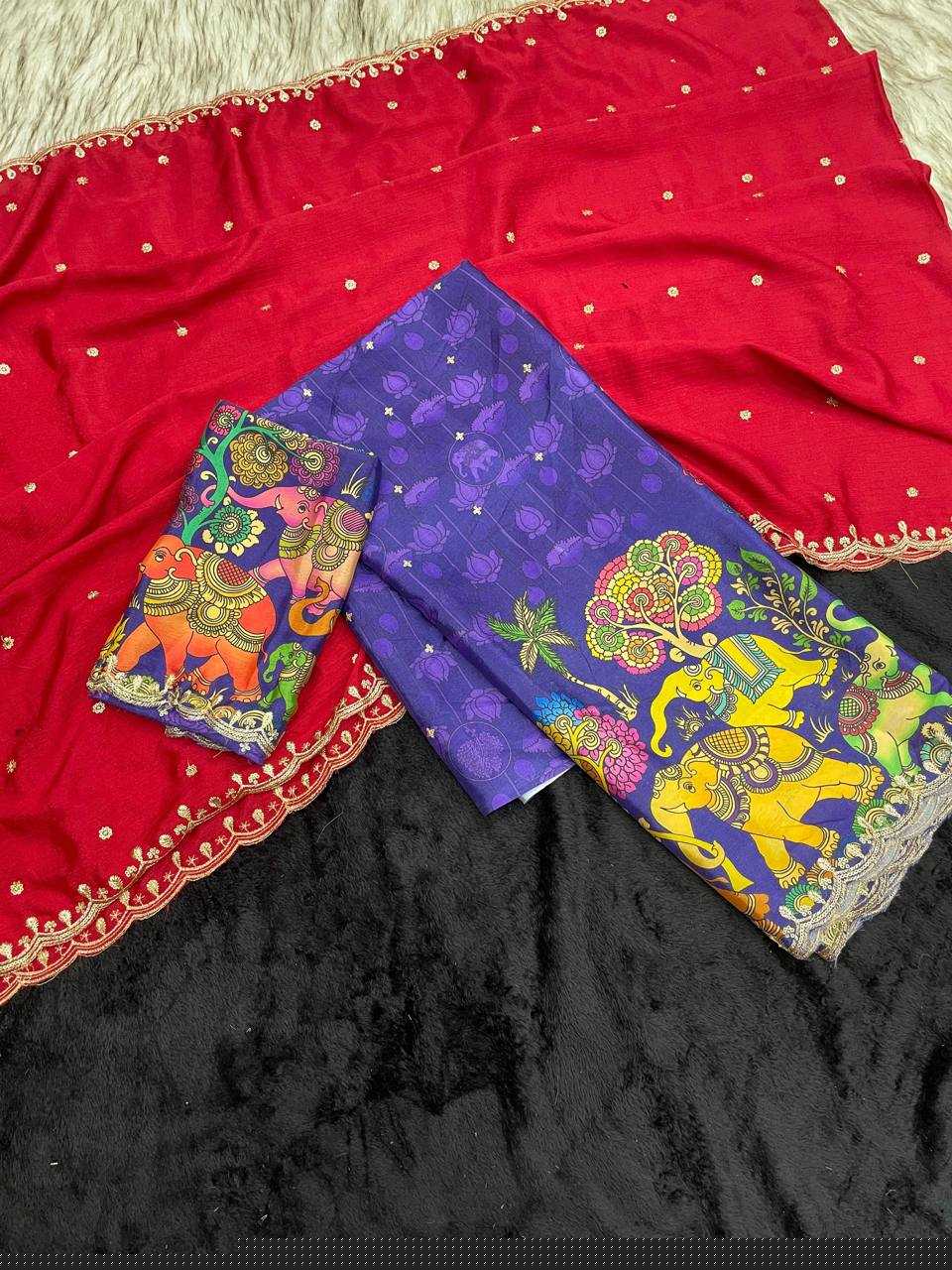 Ynf Chinon Silk RIN124 Elephant Kalamkari Silk Sarees Wedding Collections Festive Collections Wholesale Designer Silk Sarees Kalamkari Silk Sarees Embroidered Silk Sarees Manufacturer