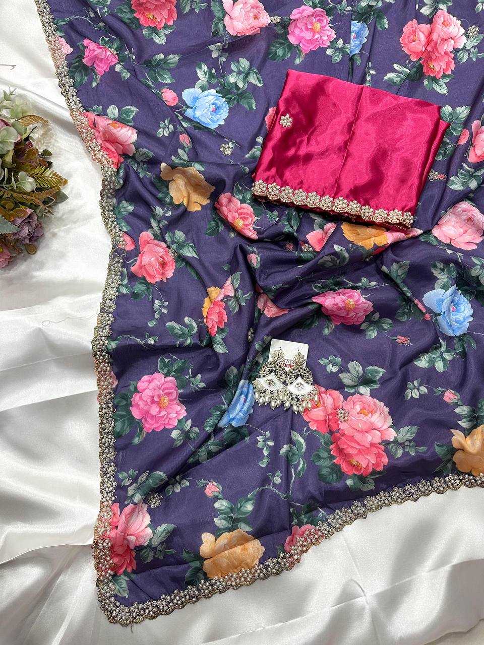 Ynf Chinon KESH509 demanded Sarees Wedding Collections Festive Collections Wholesale Printed Sarees Embroidered Sarees Sarees With Blouse Manufacturer