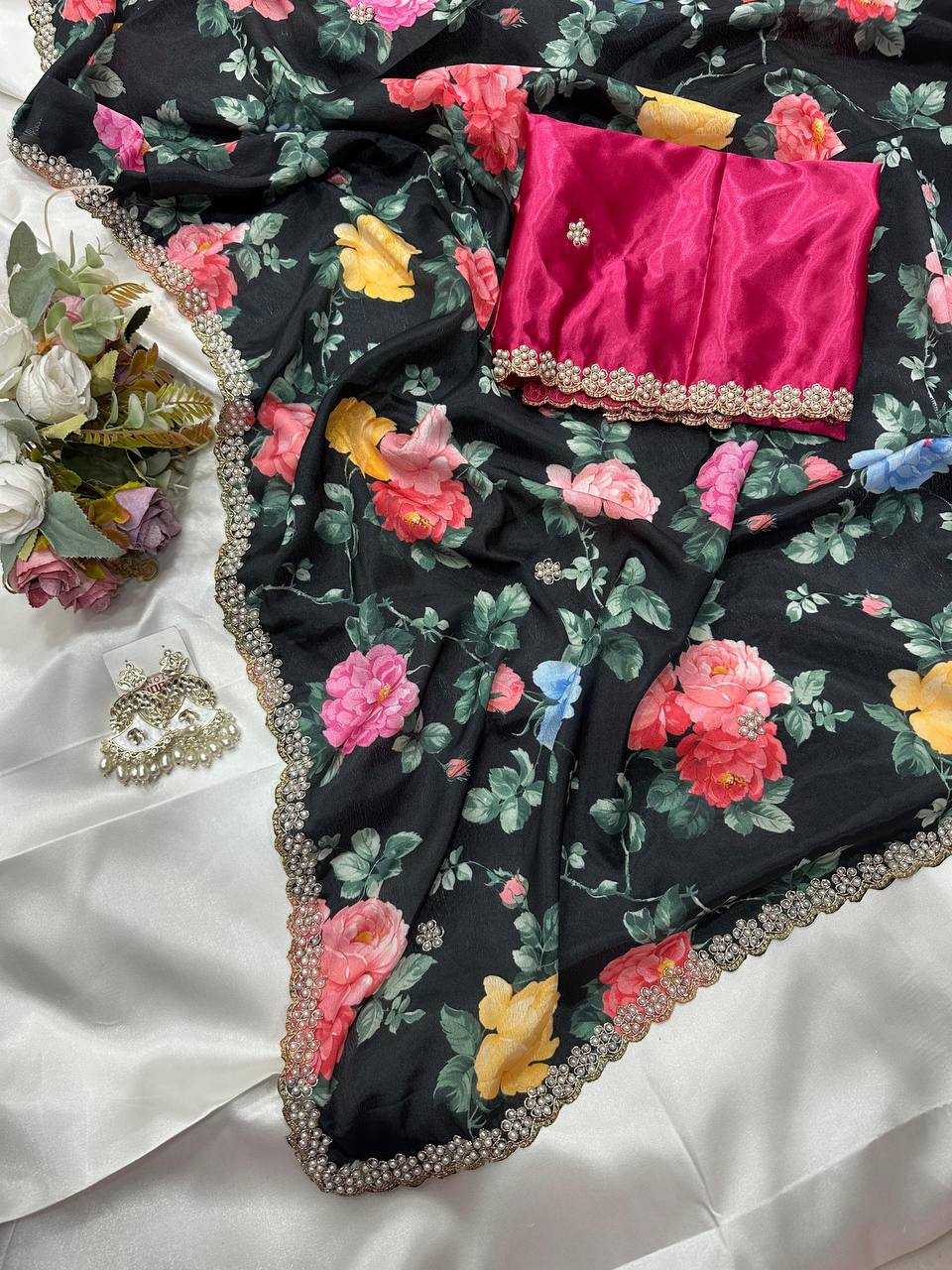 Ynf Chinon KESH509 demanded Sarees Wedding Collections Festive Collections Wholesale Printed Sarees Embroidered Sarees Sarees With Blouse Manufacturer