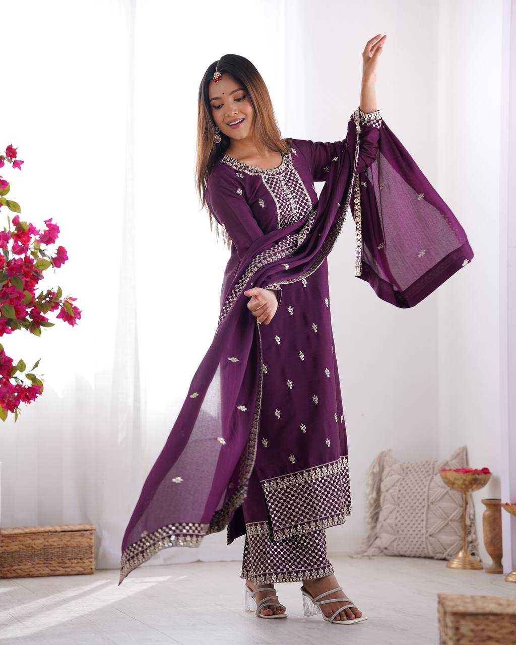 Ynf Chinon Silk KESH504 282 Suits & Dresses Wedding Collections Festive Collections Wholesale Embroidery Suits Ladies Silk Suit Wedding Outfits Manufacturer