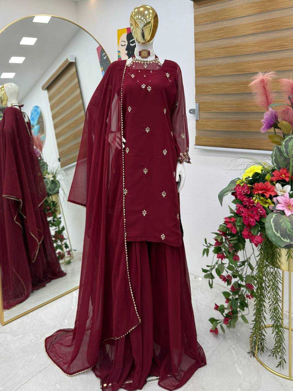 Ynf Faux Georgette KESH158 10102 Suits & Dresses Wedding Collections Festive Collections Wholesale Embroidery Suits Palazzo Suit Georgette Suit Manufacturer