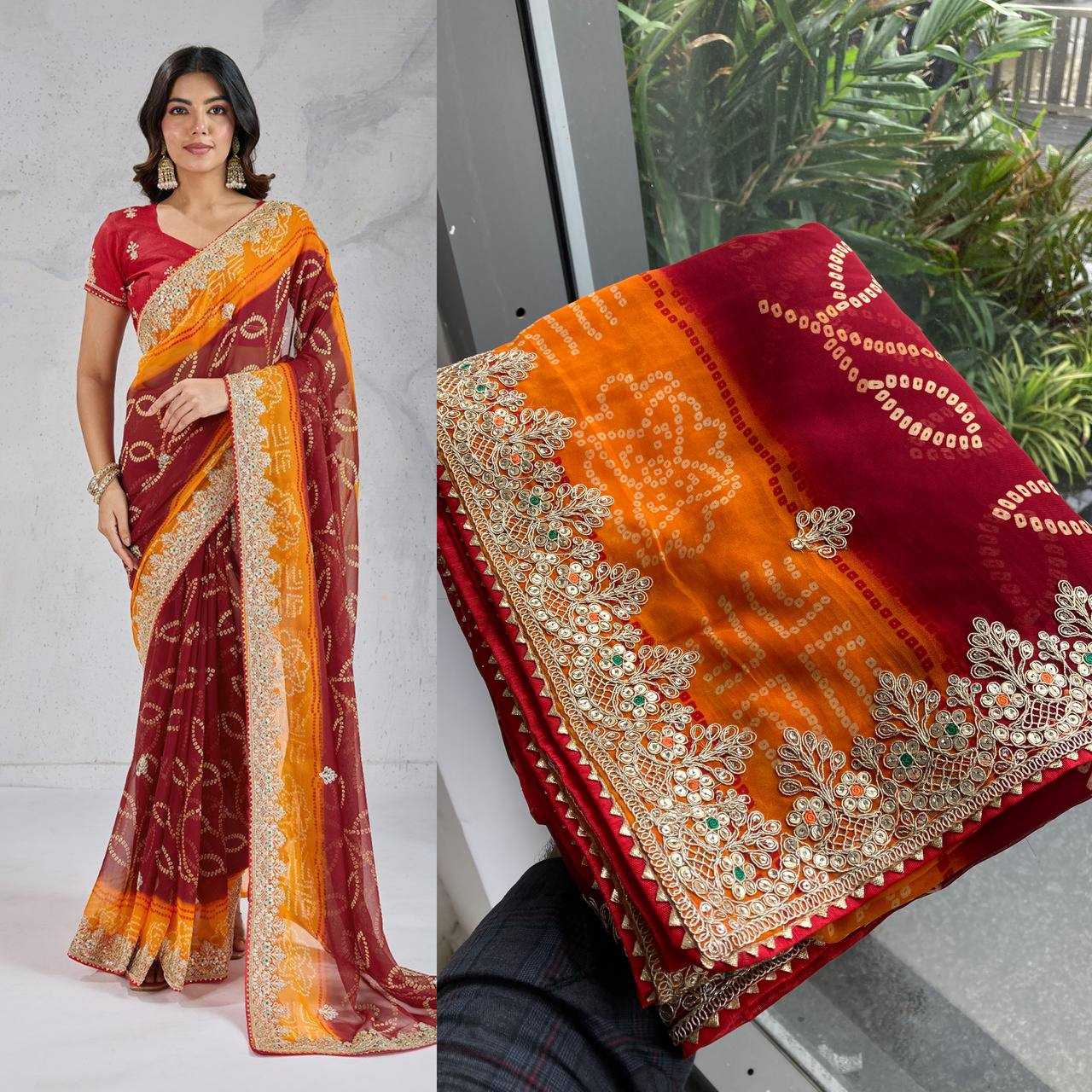 Ynf Georgette RIN188 Suvidha Pitta work Bandhej Sarees Wholesale Printed Sarees Georgette Sarees Gota Patti Sarees Printed Georgette Saree Manufacturer