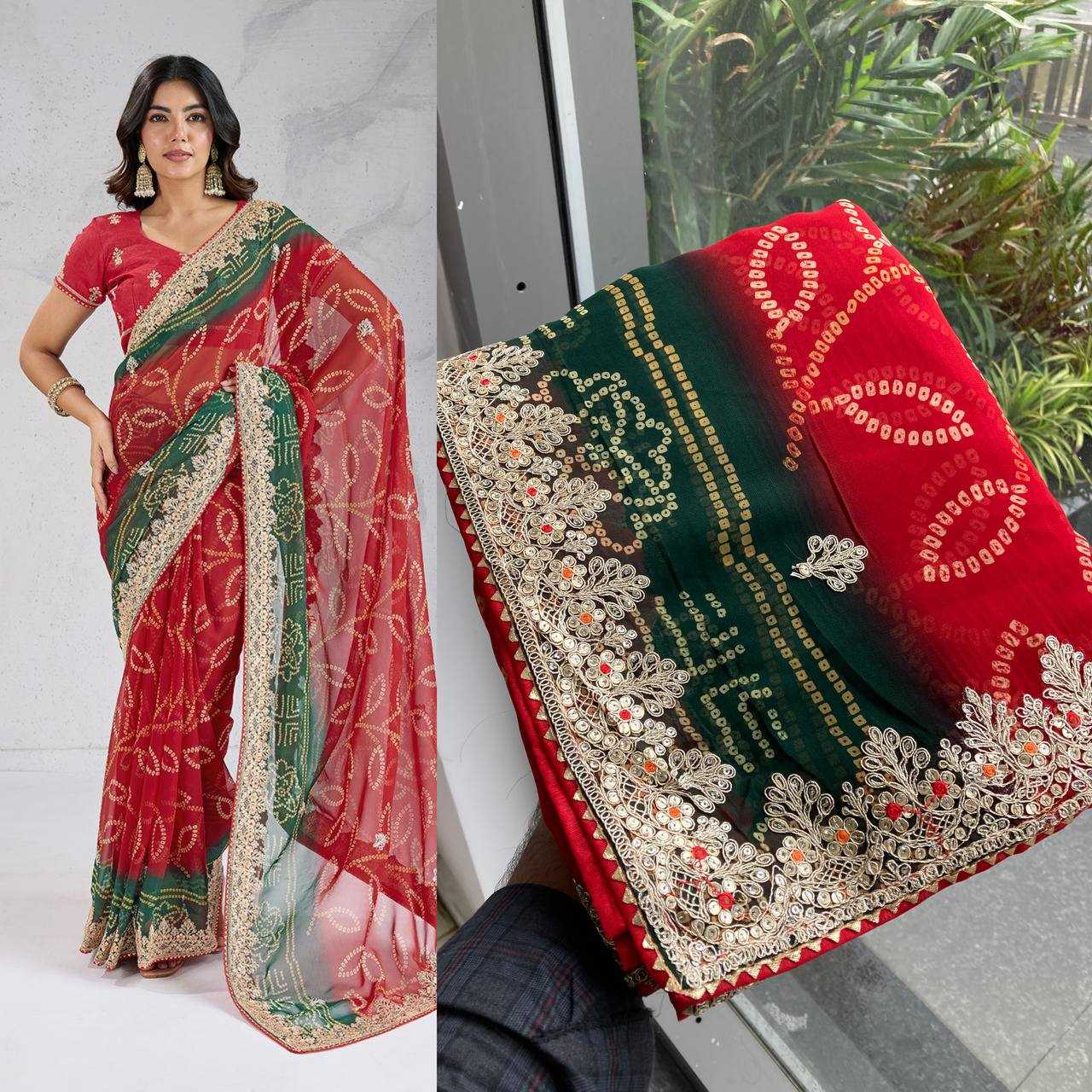 Ynf Georgette RIN188 Suvidha Pitta work Bandhej Sarees Wholesale Printed Sarees Georgette Sarees Gota Patti Sarees Printed Georgette Saree Manufacturer