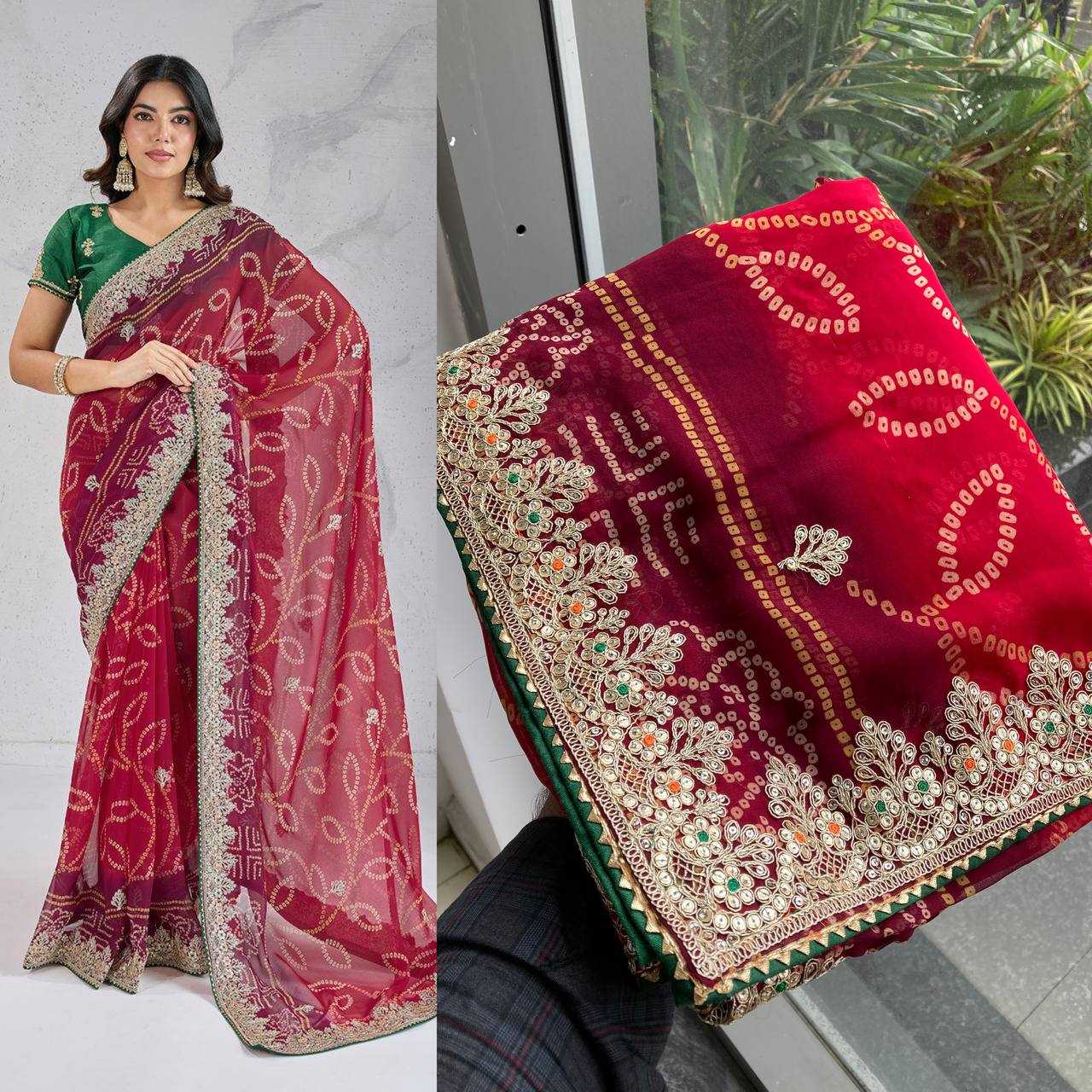 Ynf Georgette RIN188 Suvidha Pitta work Bandhej Sarees Wholesale Printed Sarees Georgette Sarees Gota Patti Sarees Printed Georgette Saree Manufacturer