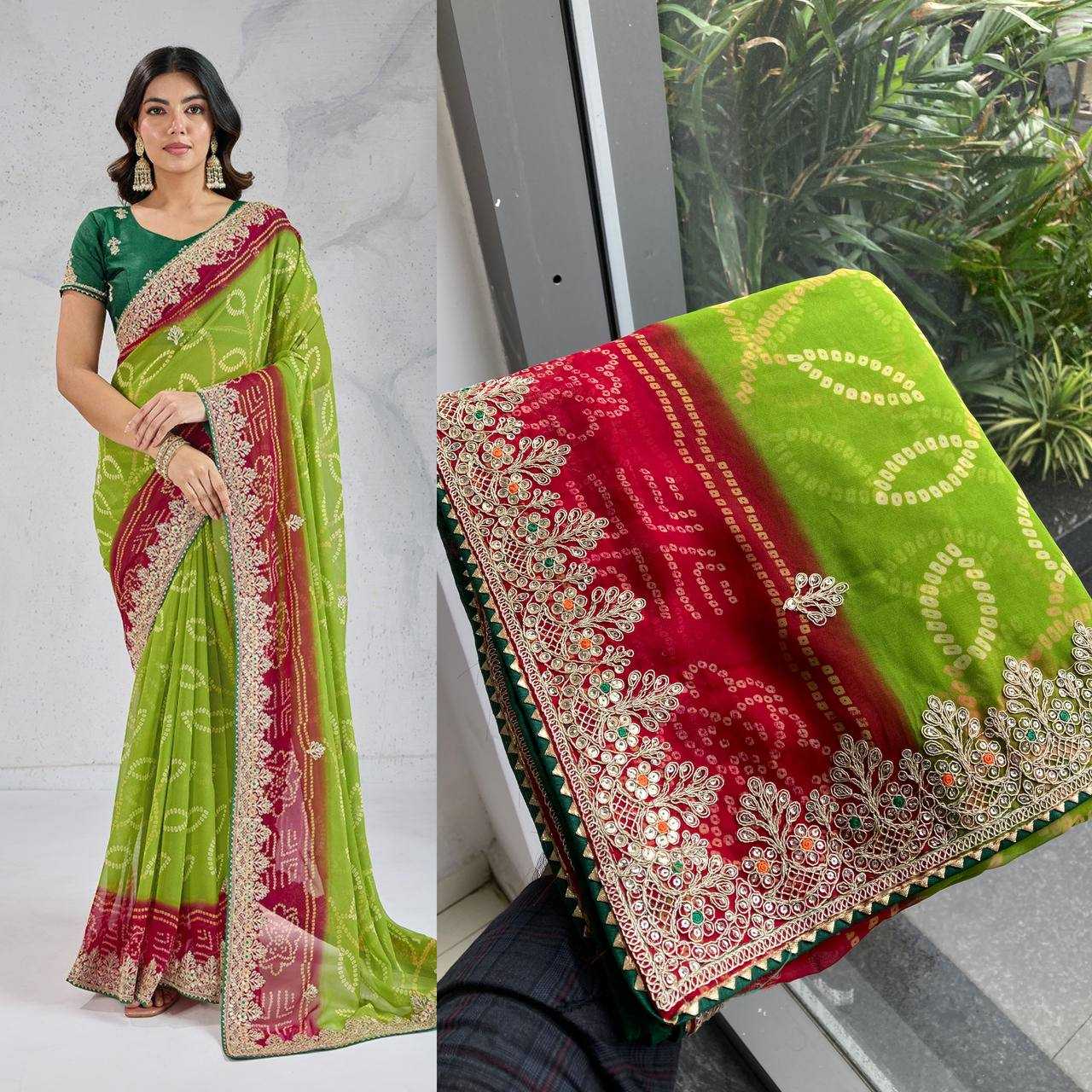 Ynf Georgette RIN188 Suvidha Pitta work Bandhej Sarees Wholesale Printed Sarees Georgette Sarees Gota Patti Sarees Printed Georgette Saree Manufacturer