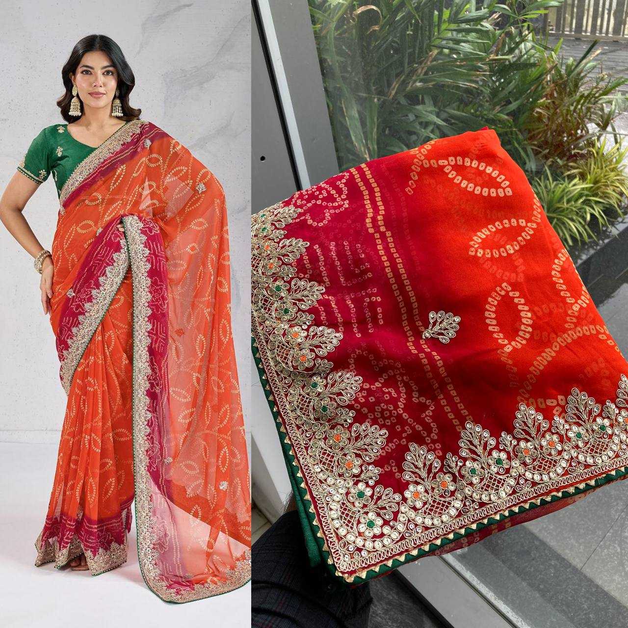 Ynf Georgette RIN188 Suvidha Pitta work Bandhej Sarees Wholesale Printed Sarees Georgette Sarees Gota Patti Sarees Printed Georgette Saree Manufacturer