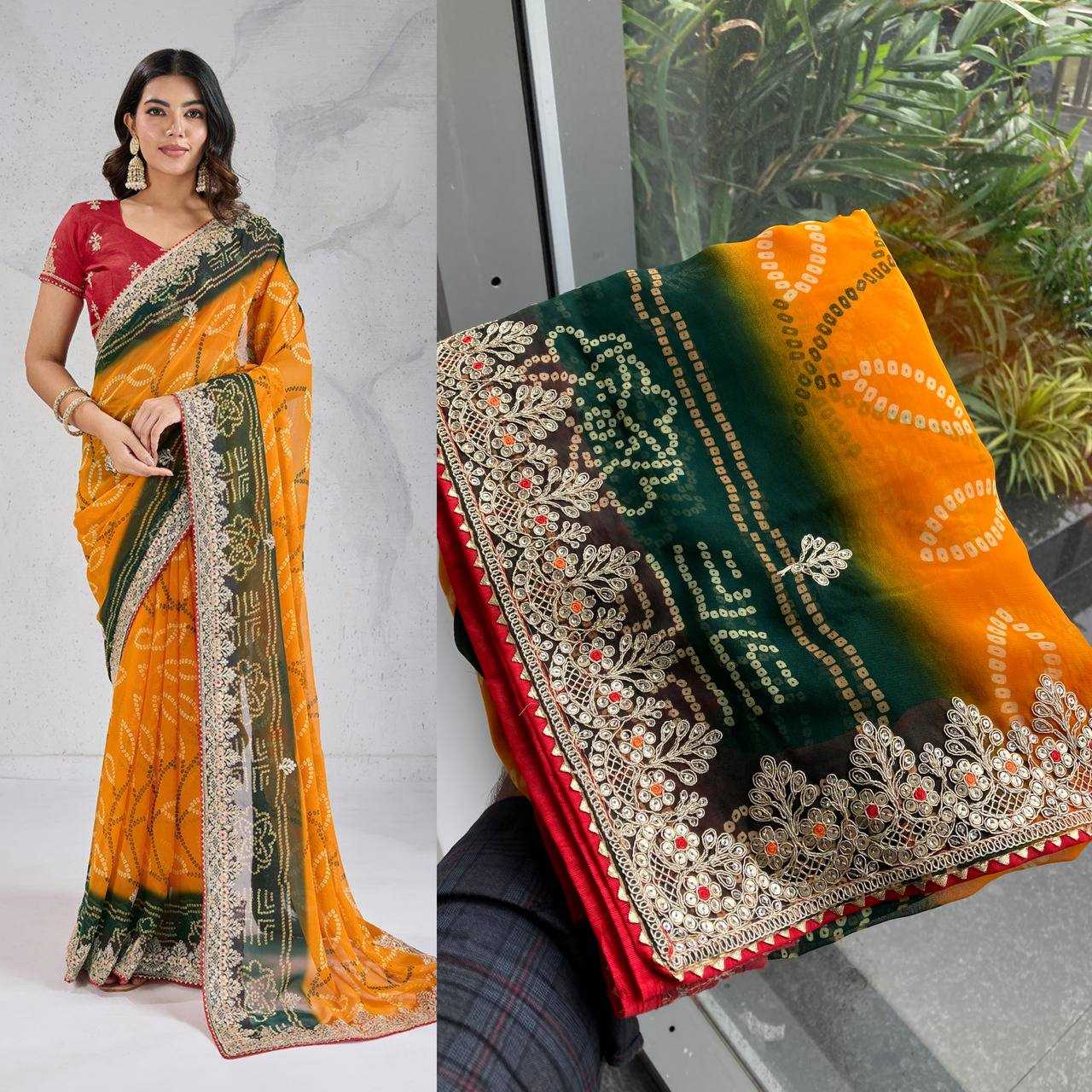 Ynf Georgette RIN188 Suvidha Pitta work Bandhej Sarees Wholesale Printed Sarees Georgette Sarees Gota Patti Sarees Printed Georgette Saree Manufacturer
