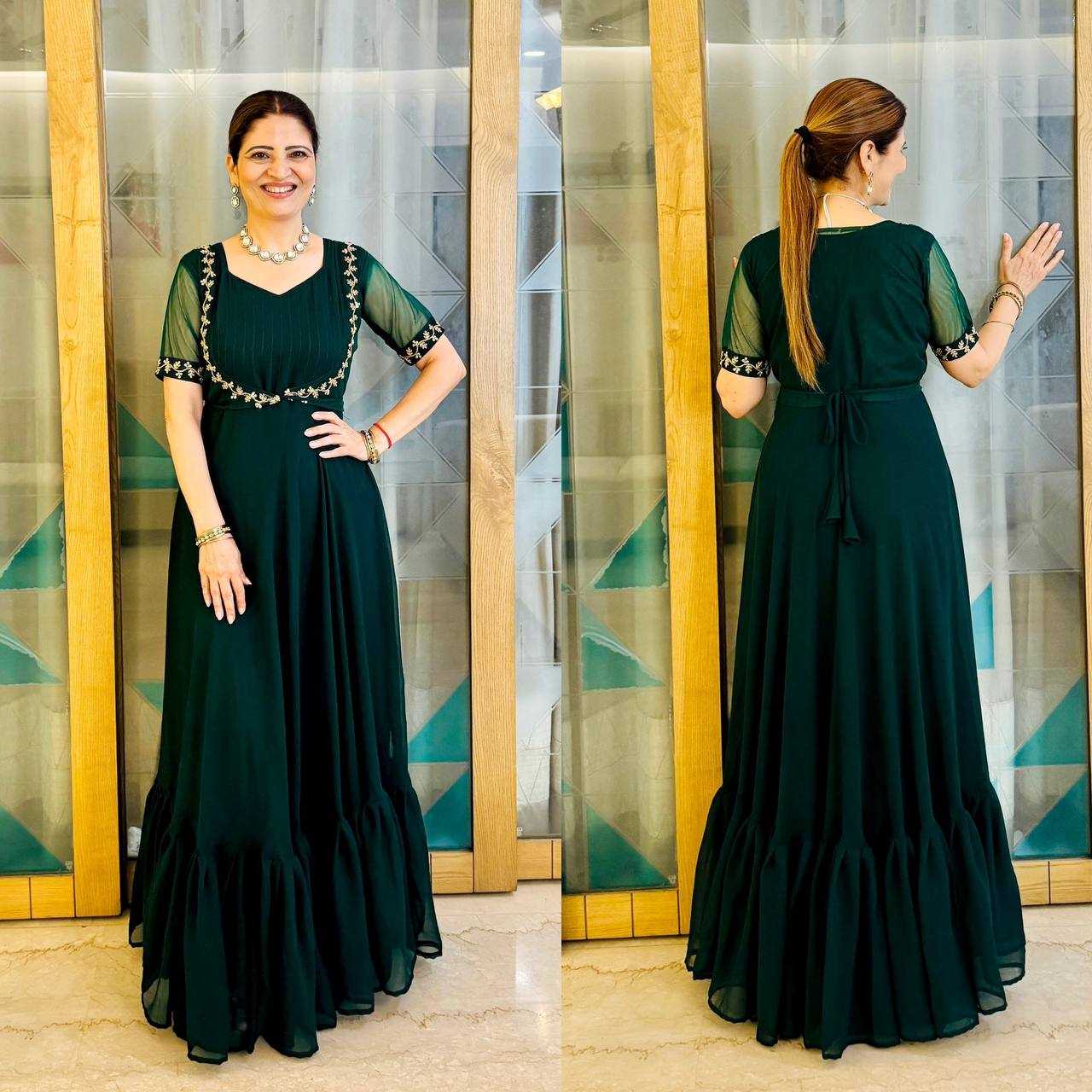 Ynf Georgette RIN213 L331 Gowns Festive Collections Plus Size Collections Wholesale Georgette Gown Party Wear Gowns Fit And Flare Gowns Manufacturer