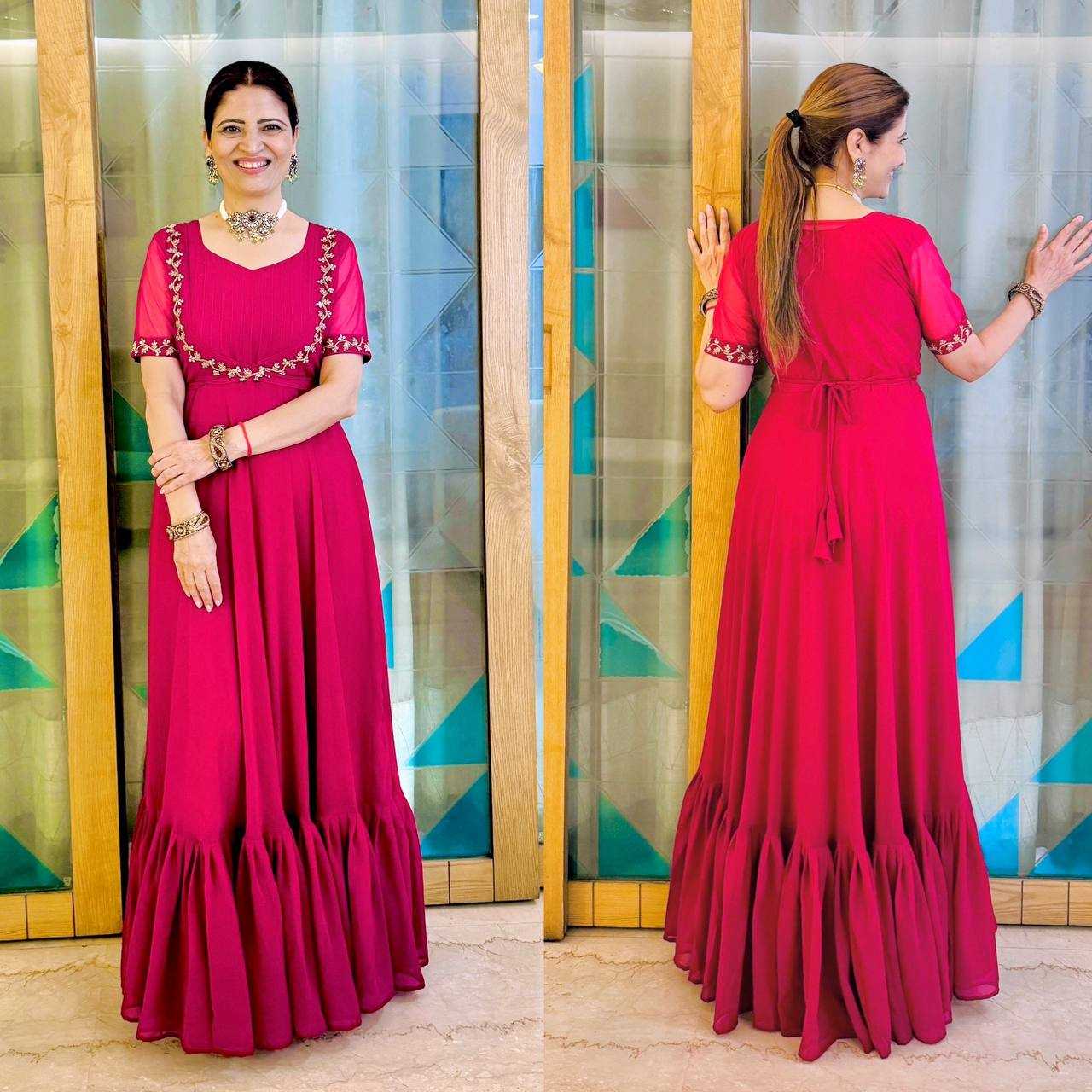 Ynf Georgette RIN213 L331 Gowns Festive Collections Plus Size Collections Wholesale Georgette Gown Party Wear Gowns Fit And Flare Gowns Manufacturer
