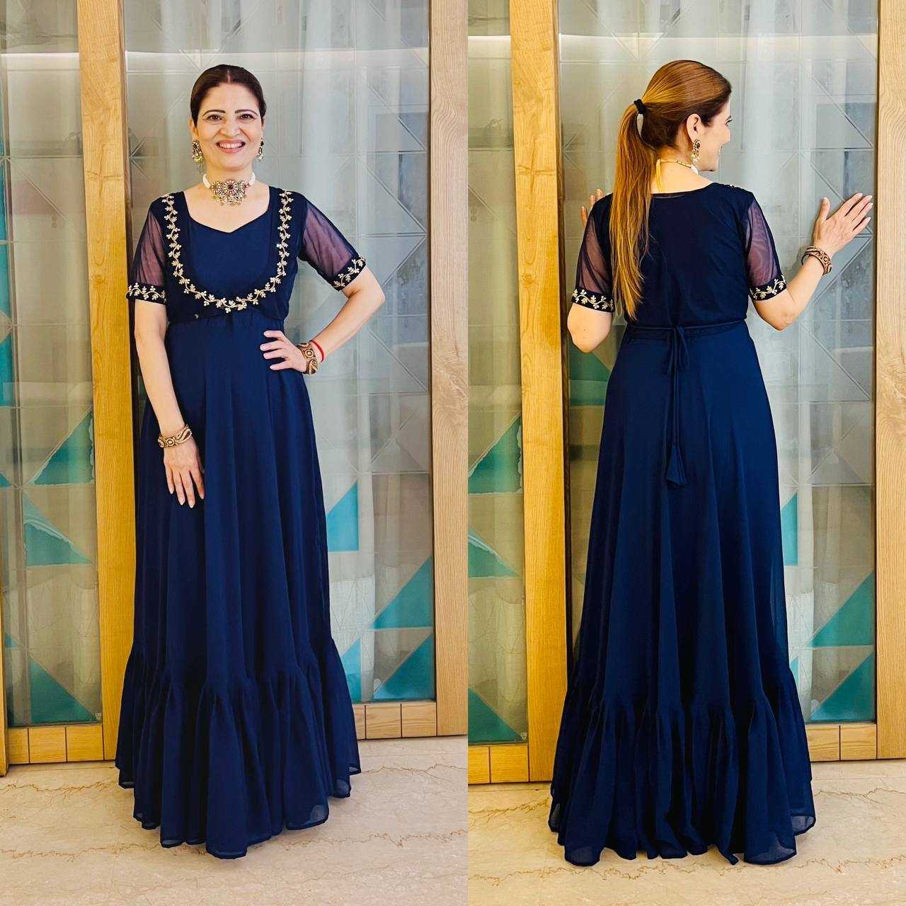 Ynf Georgette RIN213 L331 Gowns Festive Collections Plus Size Collections Wholesale Georgette Gown Party Wear Gowns Fit And Flare Gowns Manufacturer