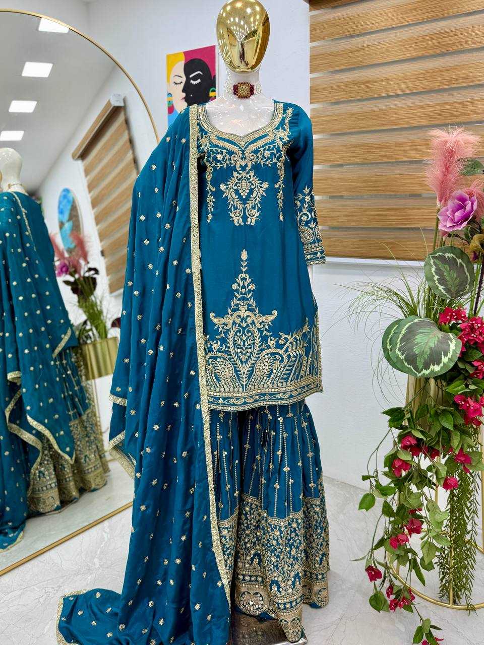 Ynf Heavy Chinnon Silk KESH158 9016 Suits & Dresses Wedding Collections Festive Collections Wholesale Sharara Salwar Suits Embroidery Suits Ladies Silk Suit Manufacturer