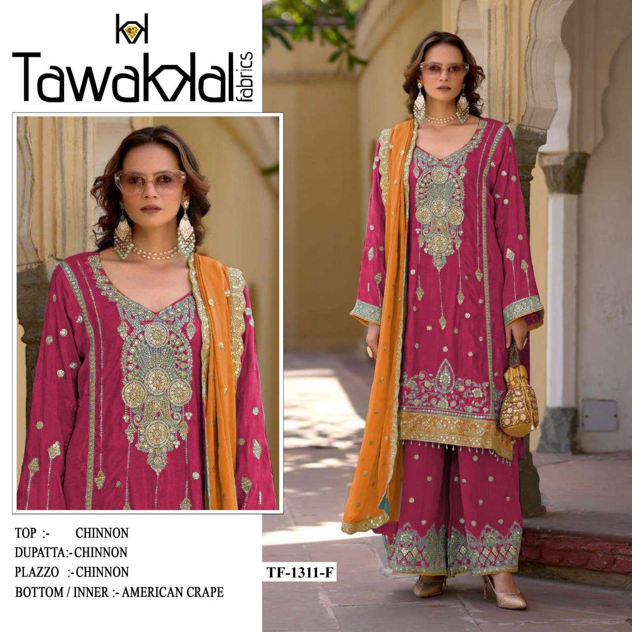 Ynf Chinon Silk RIN131 1311 Suits & Dresses Wholesale Ladies Suits Embroidery Suits Palazzo Suit Zari Work Suit Manufacturer