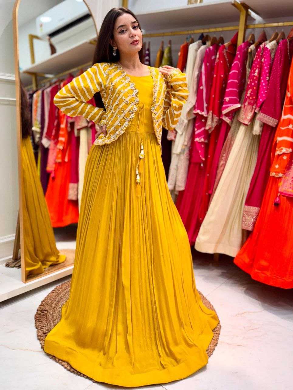 Ynf Faux Blooming KESH158 5057 Gowns Western Wears Festive Collections Wholesale Embroidery Gowns Georgette Gown Indo-Western Gown With Jacket Manufacturer