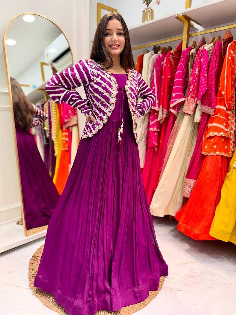 Ynf Faux Blooming KESH158 5057 Gowns Western Wears Festive Collections Wholesale Embroidery Gowns Georgette Gown Indo-Western Gown With Jacket Manufacturer