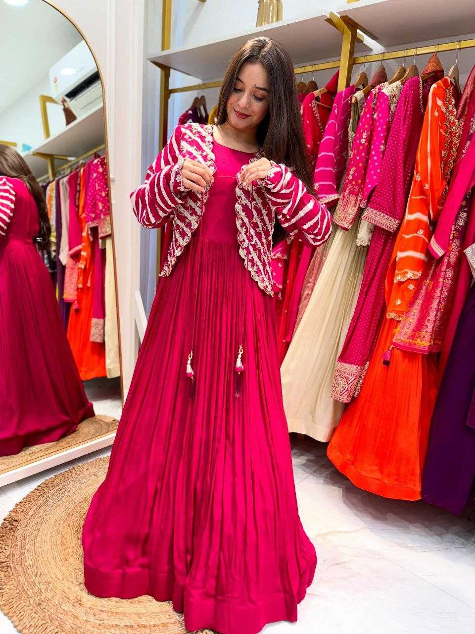 Ynf Faux Blooming KESH158 5057 Gowns Western Wears Festive Collections Wholesale Embroidery Gowns Georgette Gown Indo-Western Gown With Jacket Manufacturer