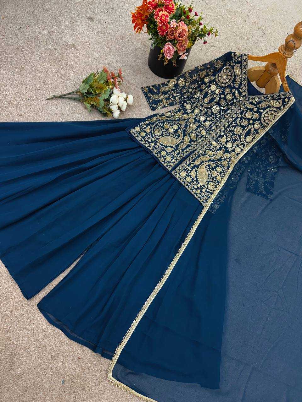 Ynf Faux Georgette KESH499 013 Suits & Dresses Wedding Collections Festive Collections Wholesale Embroidery Suits Palazzo Suit Georgette Suit Manufacturer