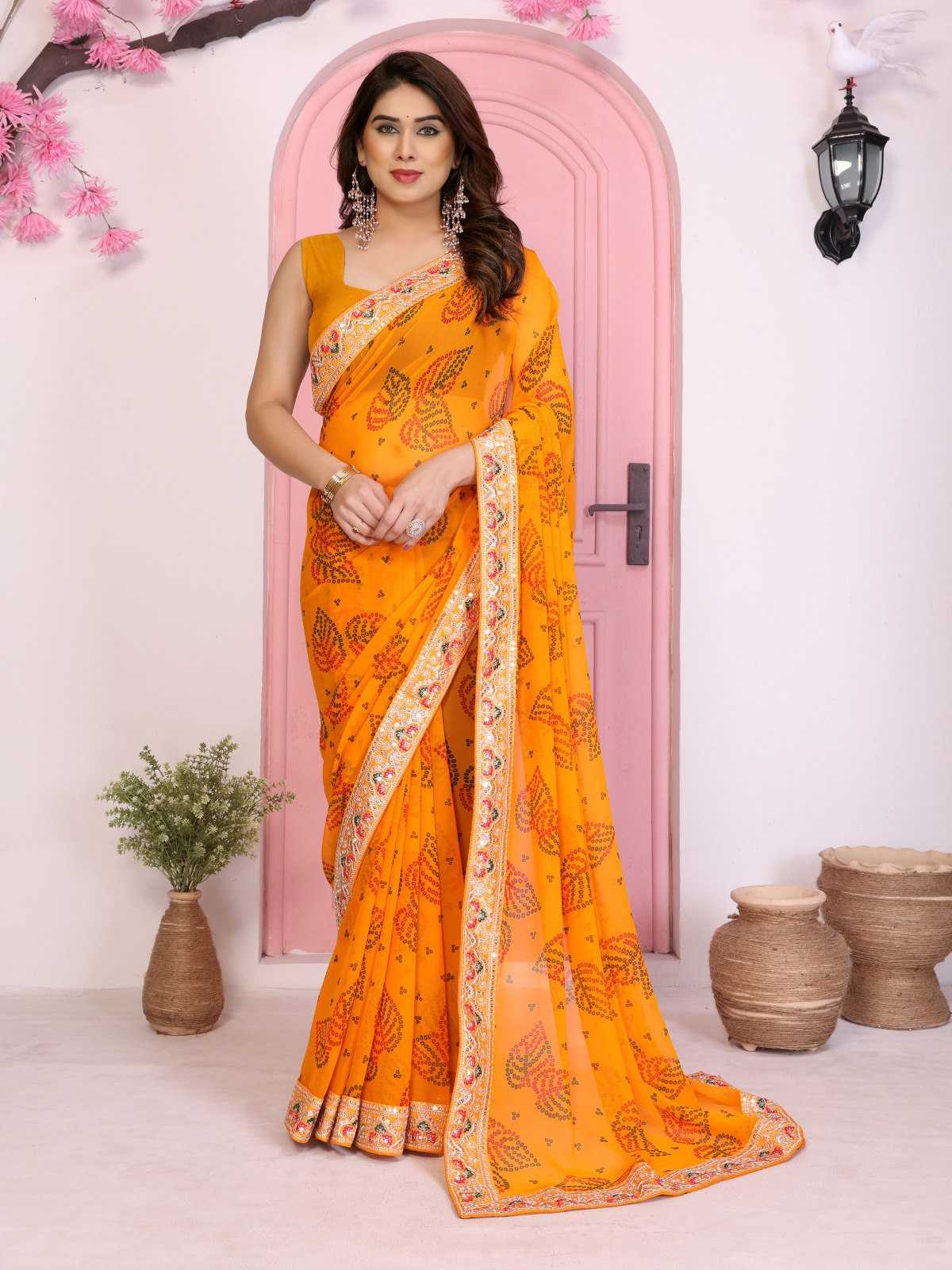 Ynf Georgette RIN188 Pan Patta Sarees Wholesale Party Wear Sarees Fancy Sarees Rajasthani Sarees Bandhani Sarees Manufacturer