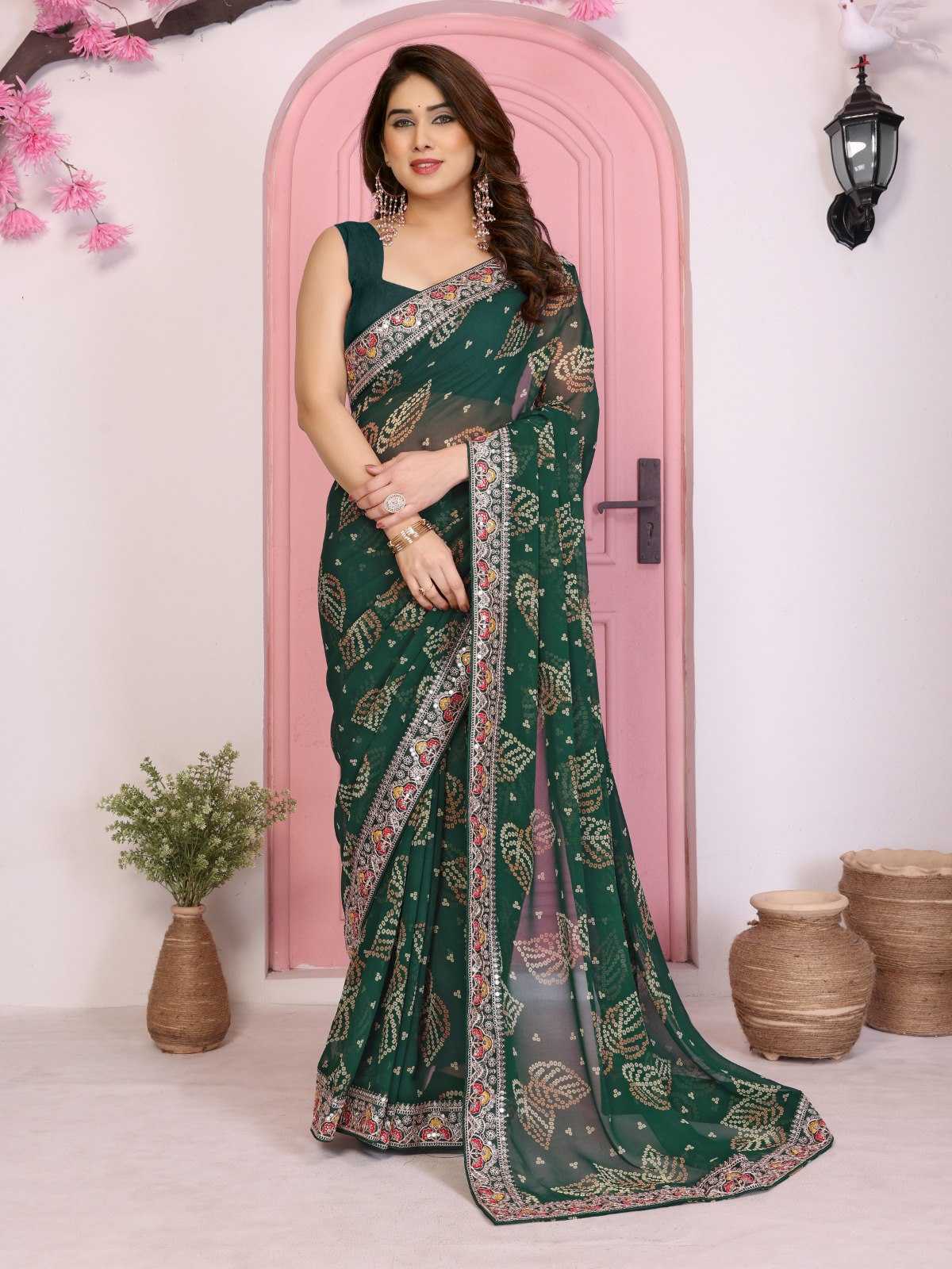 Ynf Georgette RIN188 Pan Patta Sarees Wholesale Party Wear Sarees Fancy Sarees Rajasthani Sarees Bandhani Sarees Manufacturer