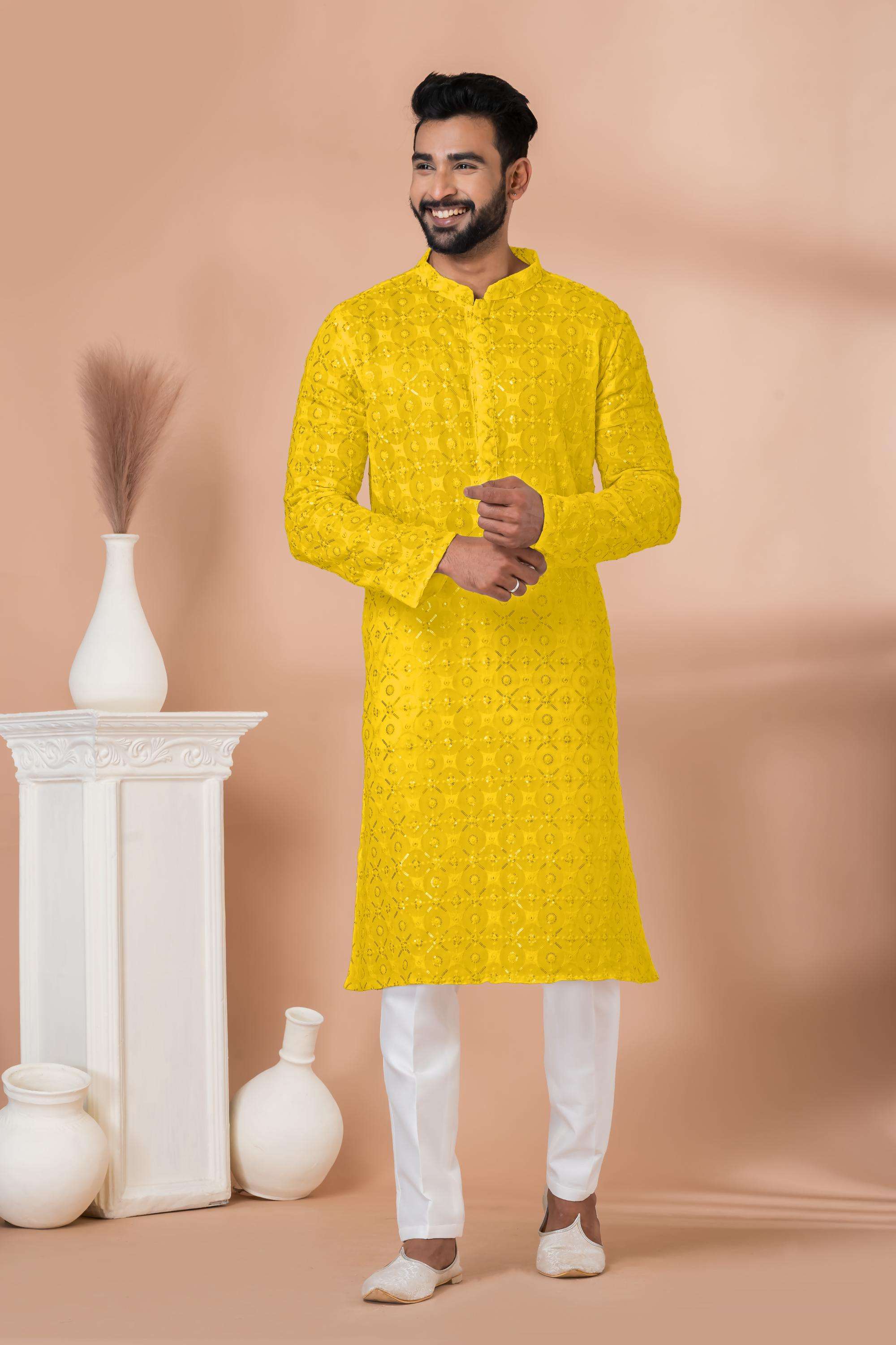 Ynf Georgette RIN223 3309B Mens Wear Wedding Collections Wholesale Men Wedding kurta Embroidered Kurta Pajama Haldi Outfits Manufacturer