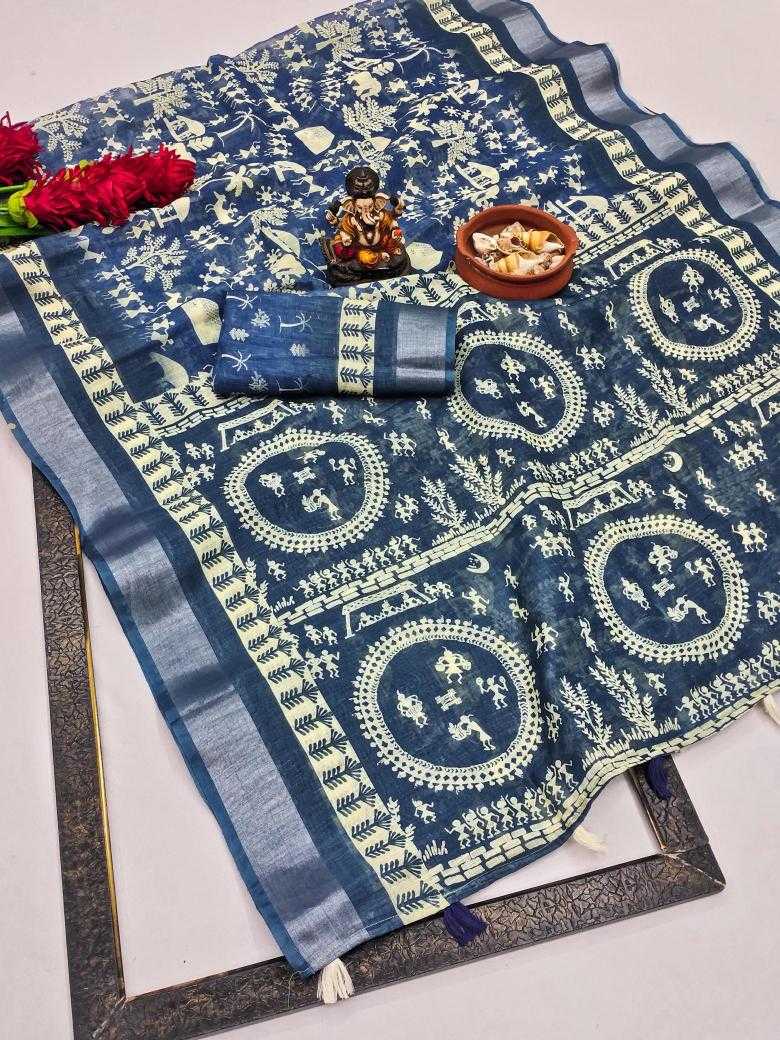 Ynf Linen RIN183 SILVER LINEN Sarees Wholesale Printed Sarees Cotton Linen Sarees Batik Sarees Manufacturer