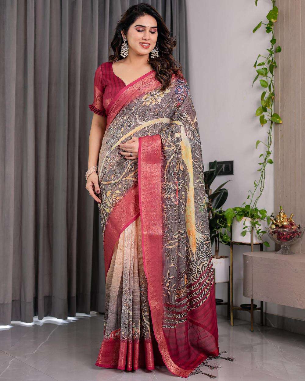 Ynf Linen RIN231 REELS SH LJ 01 Sarees Wholesale Printed Sarees Linen Sarees Festive Sarees Manufacturer