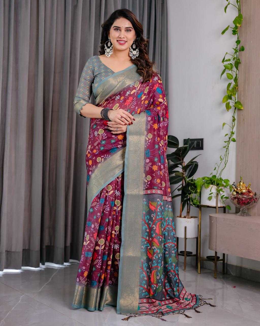 Ynf Linen RIN231 SANDY Sarees Wholesale Floral Sarees Linen Sarees Manufacturer