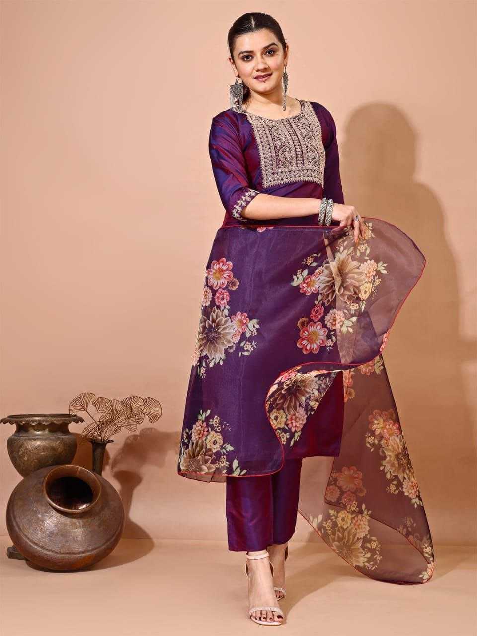 Ynf Silk RIN220 TAFFETA Suits & Dresses Wholesale Ladies Suits Embroidery Suits Ladies Silk Suit Manufacturer