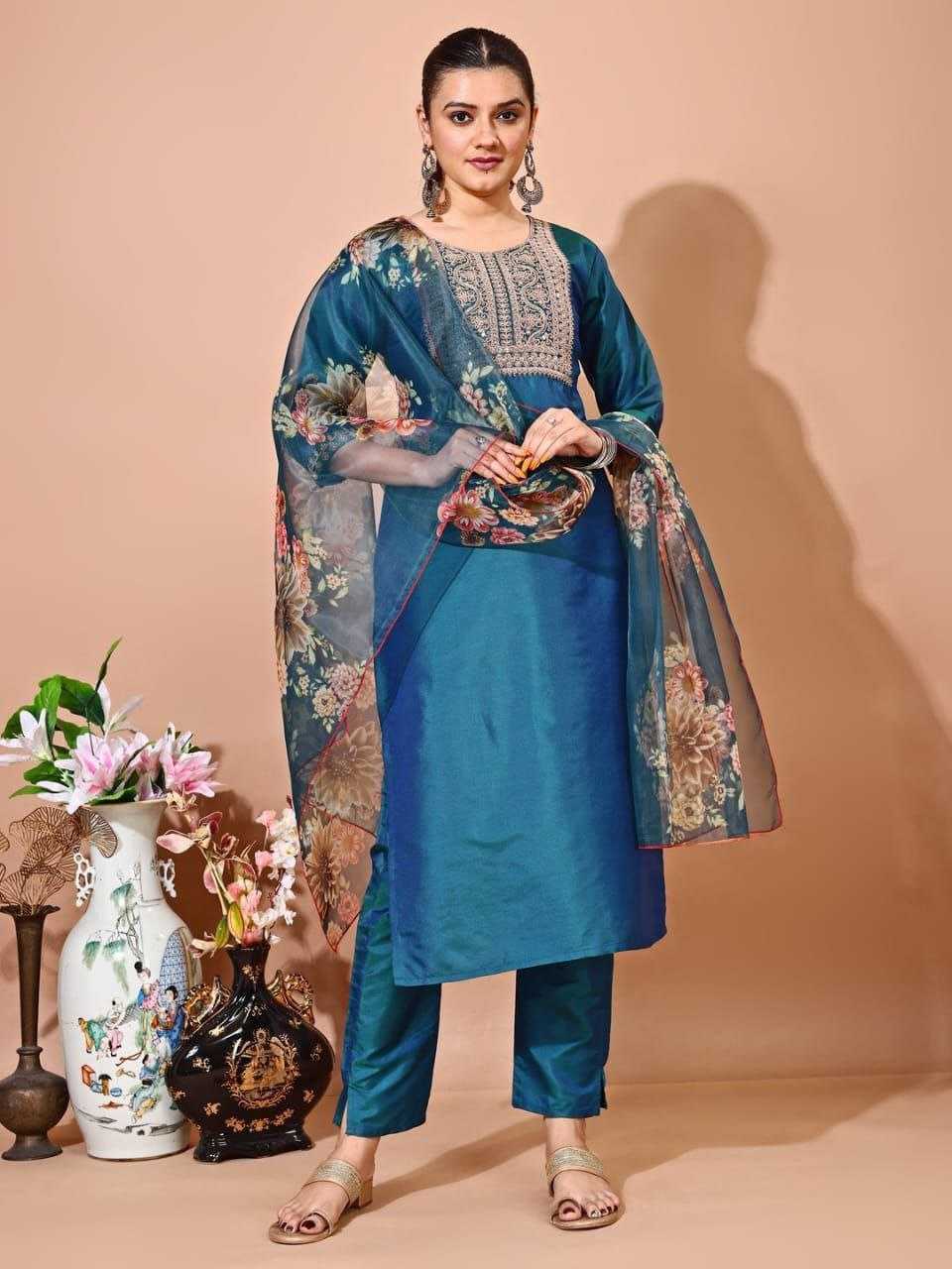 Ynf Silk RIN220 TAFFETA Suits & Dresses Wholesale Ladies Suits Embroidery Suits Ladies Silk Suit Manufacturer