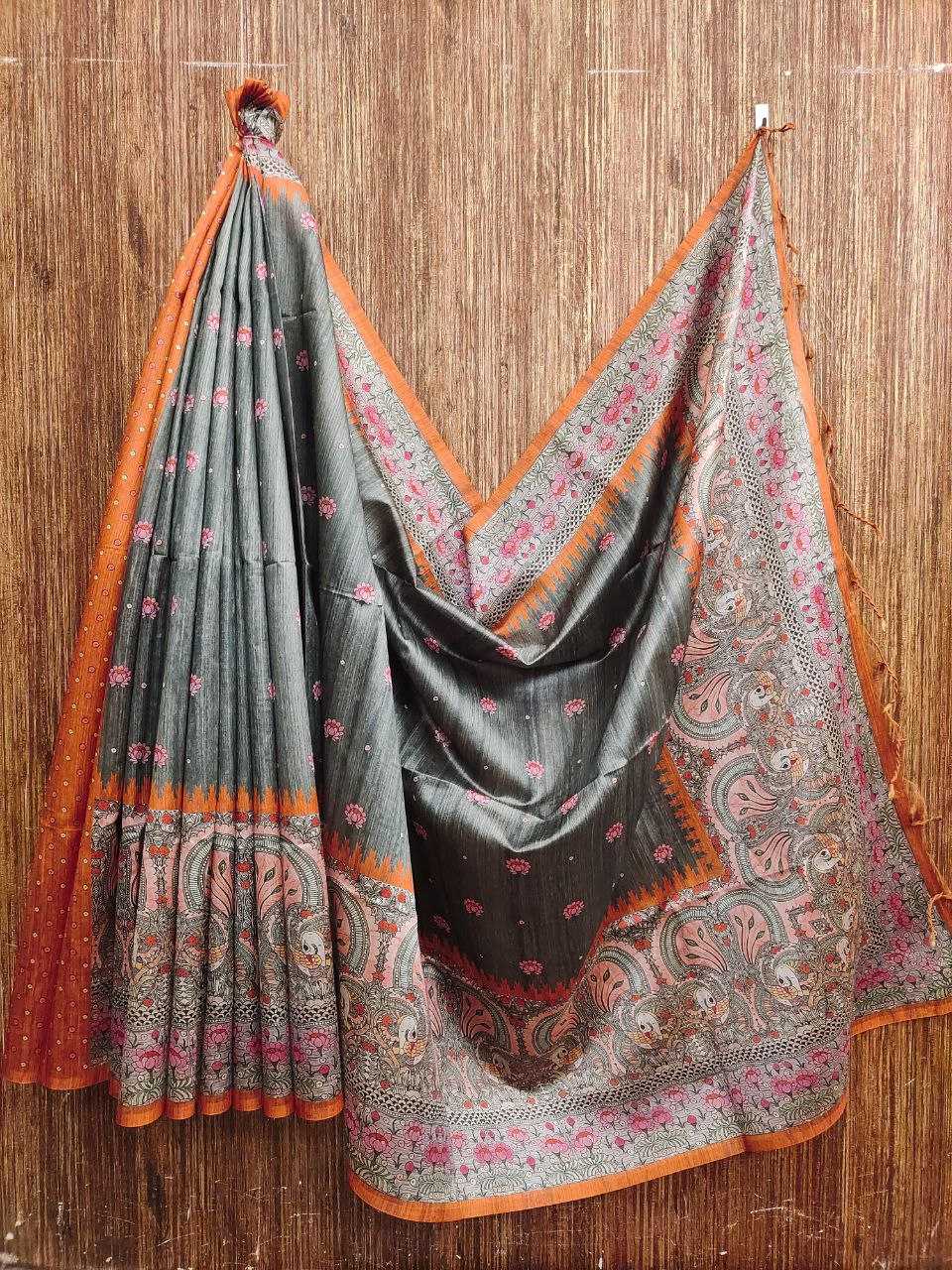 Ynf Tussar Silk KESH532 Yogita Lotus 2 Silk Sarees Wholesale Printed Silk Saree Kalamkari Silk Sarees Manufacturer