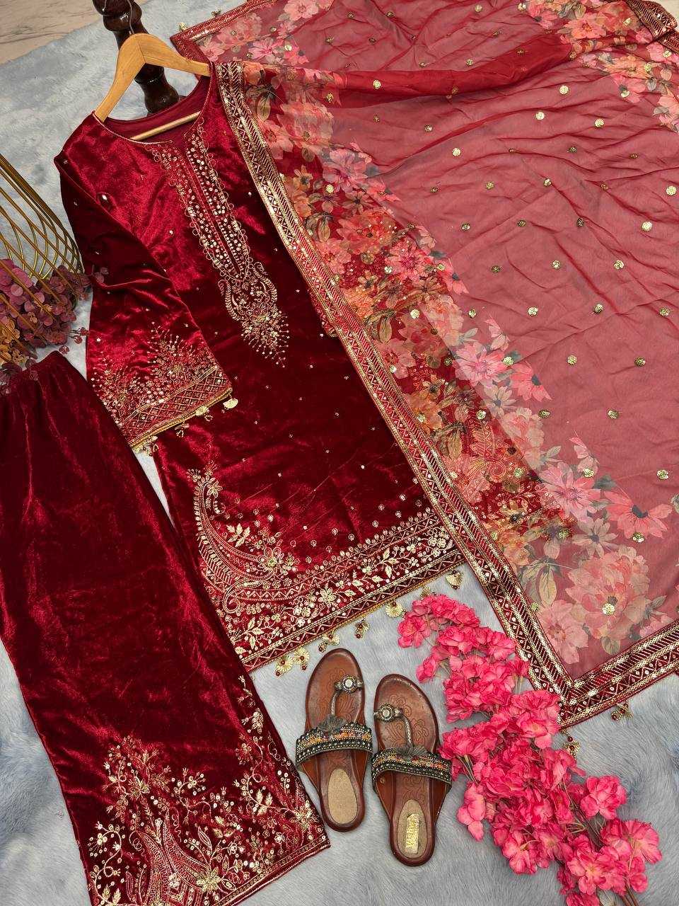 Ynf Velvet KESH141 1037 Suits & Dresses Wholesale Velvet Suits Embroidery Suits Palazzo Suit Manufacturer