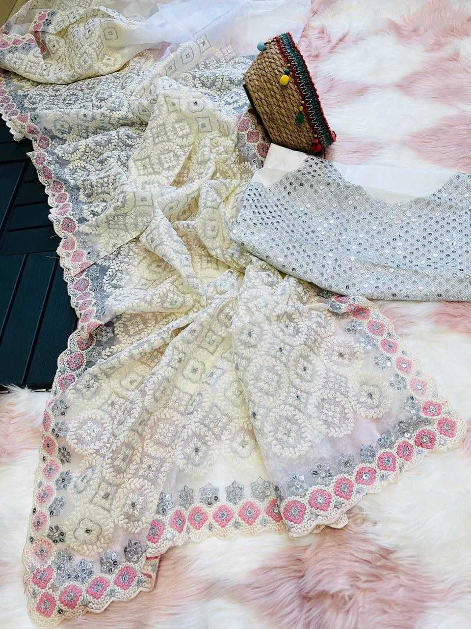 YNF ORGANZA SILK MPL 27 SAREES WHOLESALE ORGANZA EMBROIDERED CHIKAN SAREES  MANUFACTURER