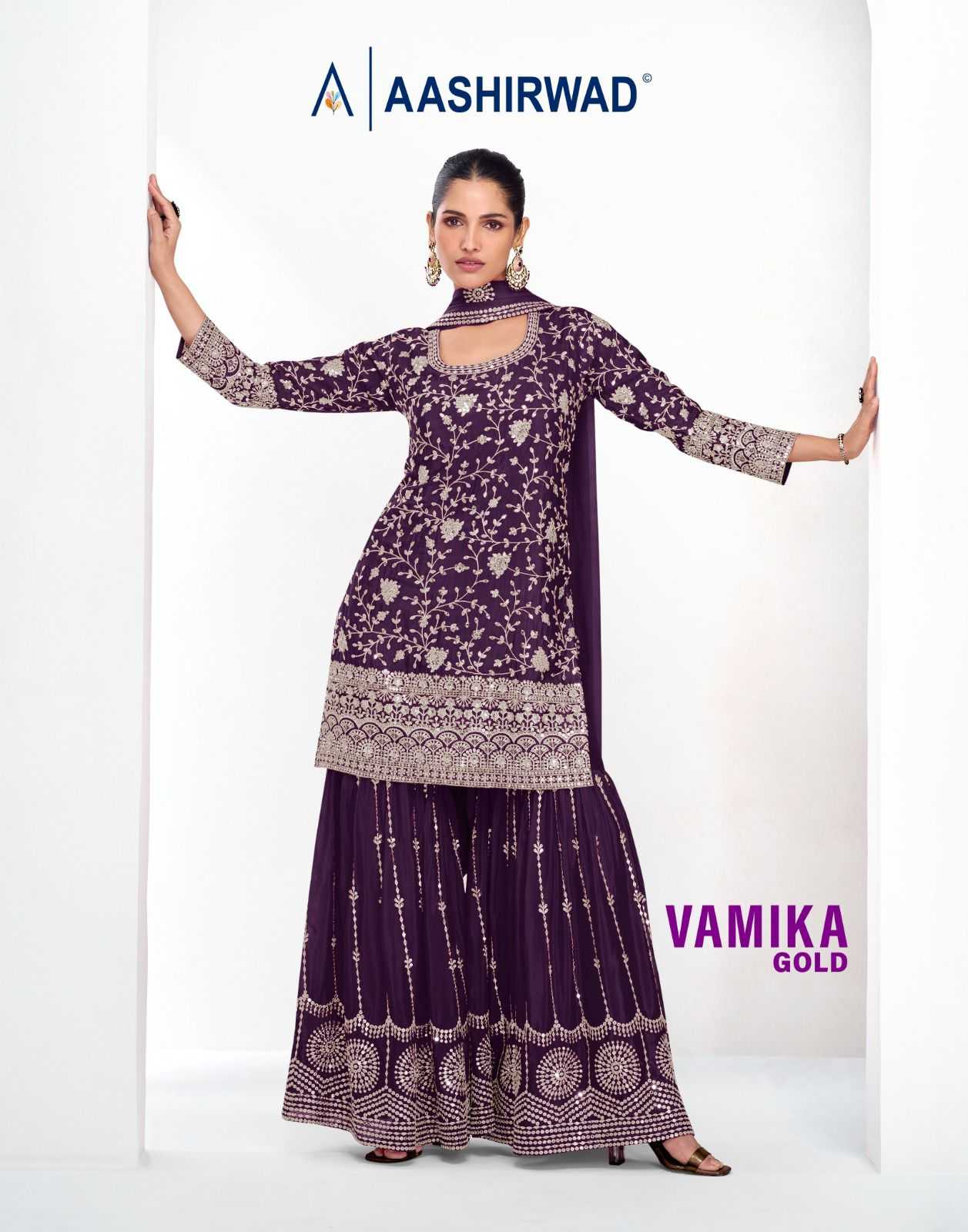 Ynf Chinon Silk RIN184 AASHIRWAD CREATION-VAMIKA GOLD Suits & Dresses Islamic Clothing Festive Collections Wholesale Party wear suits Silk Suits Eid Collections Manufacturer