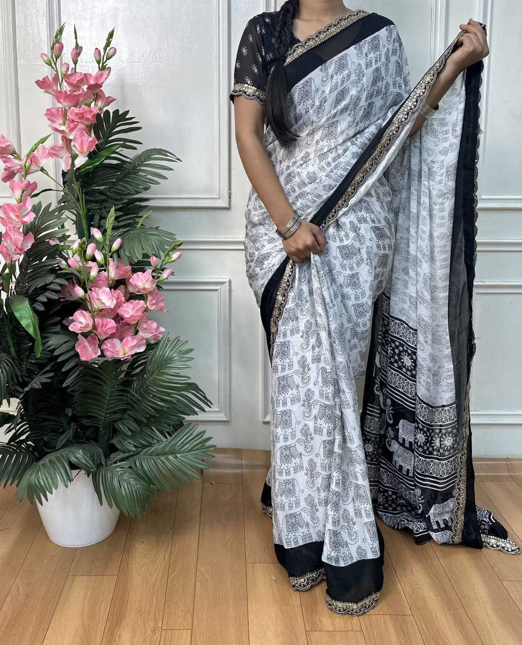 Ynf Chiffon RIN218 Black & white Sarees Wholesale Printed Sarees Ladies Sarees Cotton Sarees Manufacturer