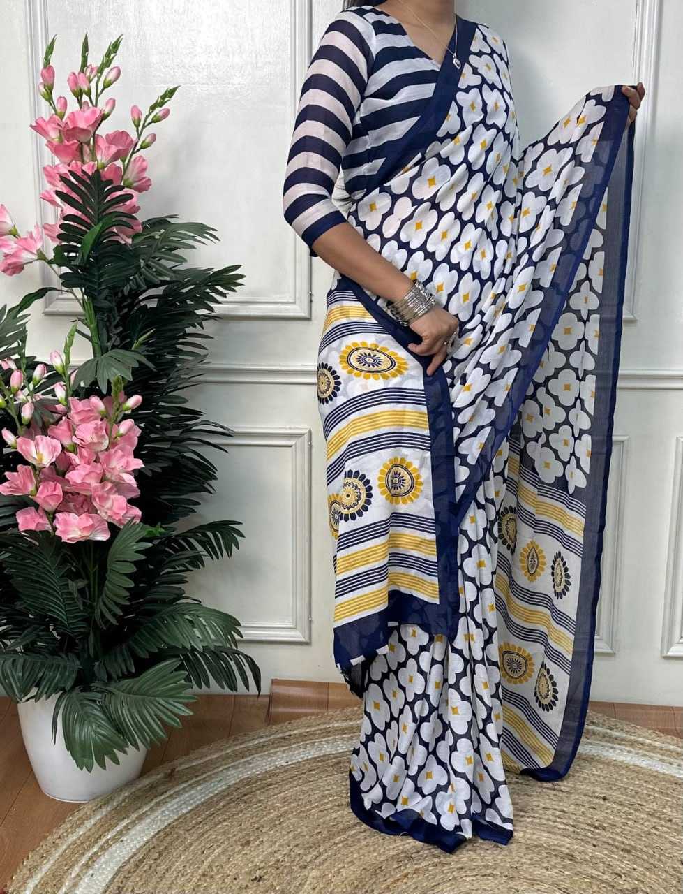 Ynf Chiffon RIN218 White Flower Sarees Wedding Collections Festive Collections Wholesale Chiffon Sarees Casual Sarees Sarees With Blouse Manufacturer