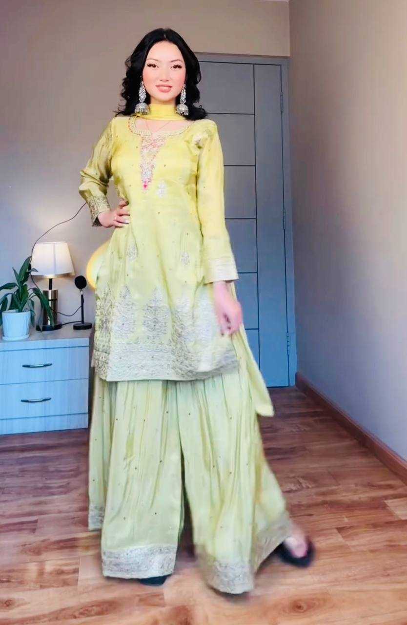 Ynf Chinon Silk KESH158 9023 Suits & Dresses Wedding Collections Festive Collections Wholesale Embroidery Suits Palazzo Suit Ladies Silk Suit Manufacturer