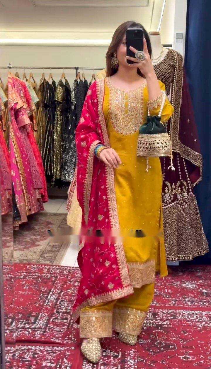 Ynf Chinon Silk KESH506 116 Suits & Dresses Wedding Collections Festive Collections Wholesale Embroidery Suits Ladies Silk Suit Haldi Outfits Manufacturer