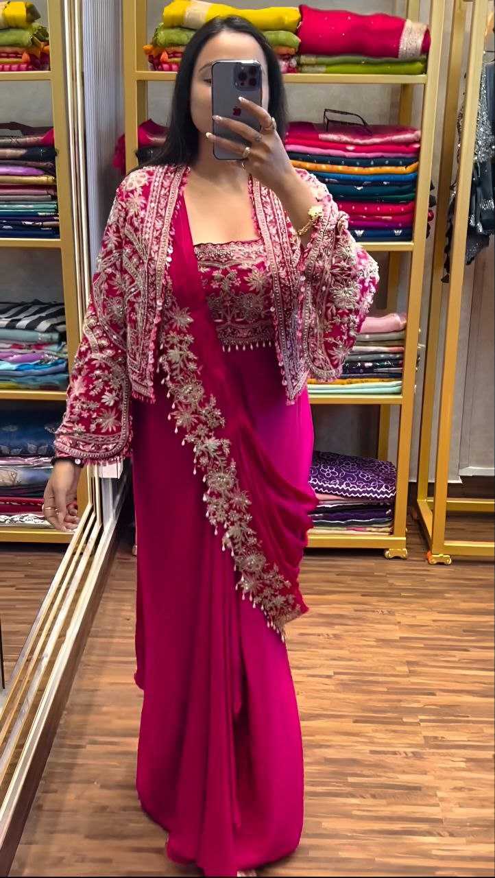 Ynf Chinon Silk KESH516 9250 Sarees Wholesale Ready To Wear Sarees Party Wear Sarees Fancy Sarees Embroidered Sarees Saree with Jacket Manufacturer