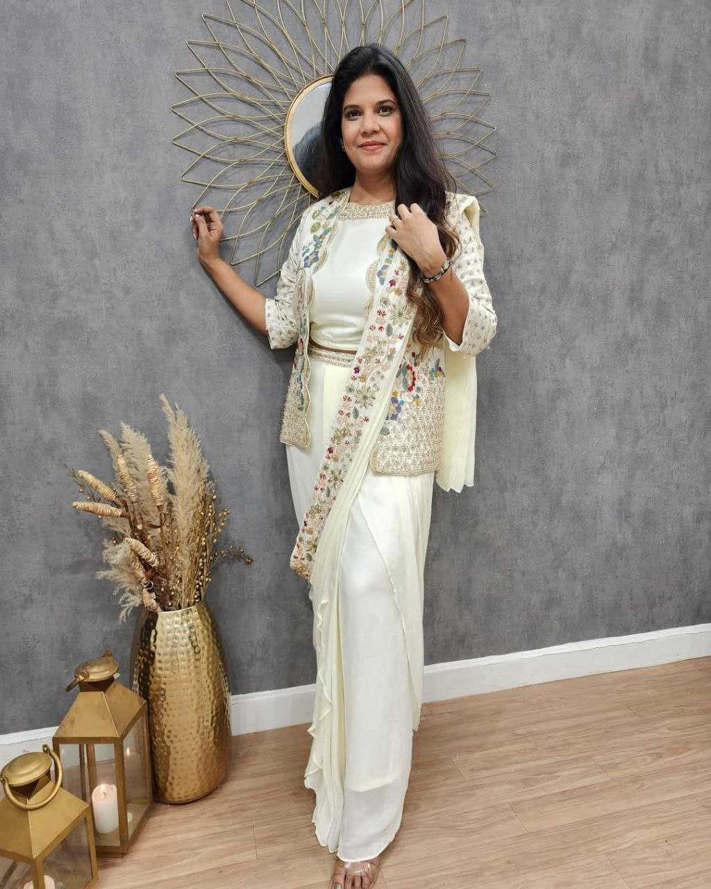 Ynf Chinon Silk KESH516 9256 Sarees Wholesale Ready To Wear Sarees Party Wear Sarees Fancy Sarees Sequence Sarees Embroidered Sarees Saree with Jacket Manufacturer