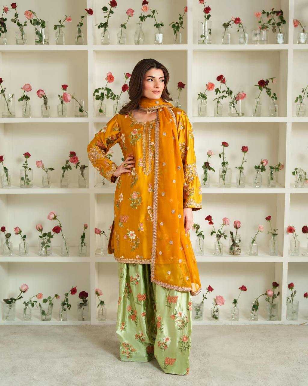 Ynf Crepe Silk KESH499 861 Suits & Dresses Wholesale Sharara Salwar Suits Party wear suits Yellow Salwar Suit Manufacturer