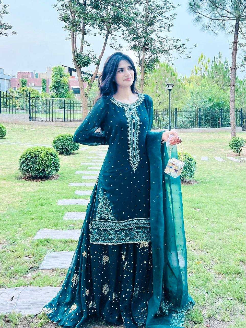 Ynf Faux Georgette KESH141 209 Suits & Dresses Wedding Collections Festive Collections Wholesale Palazzo Suit Georgette Suit Embroidered Suits Manufacturer