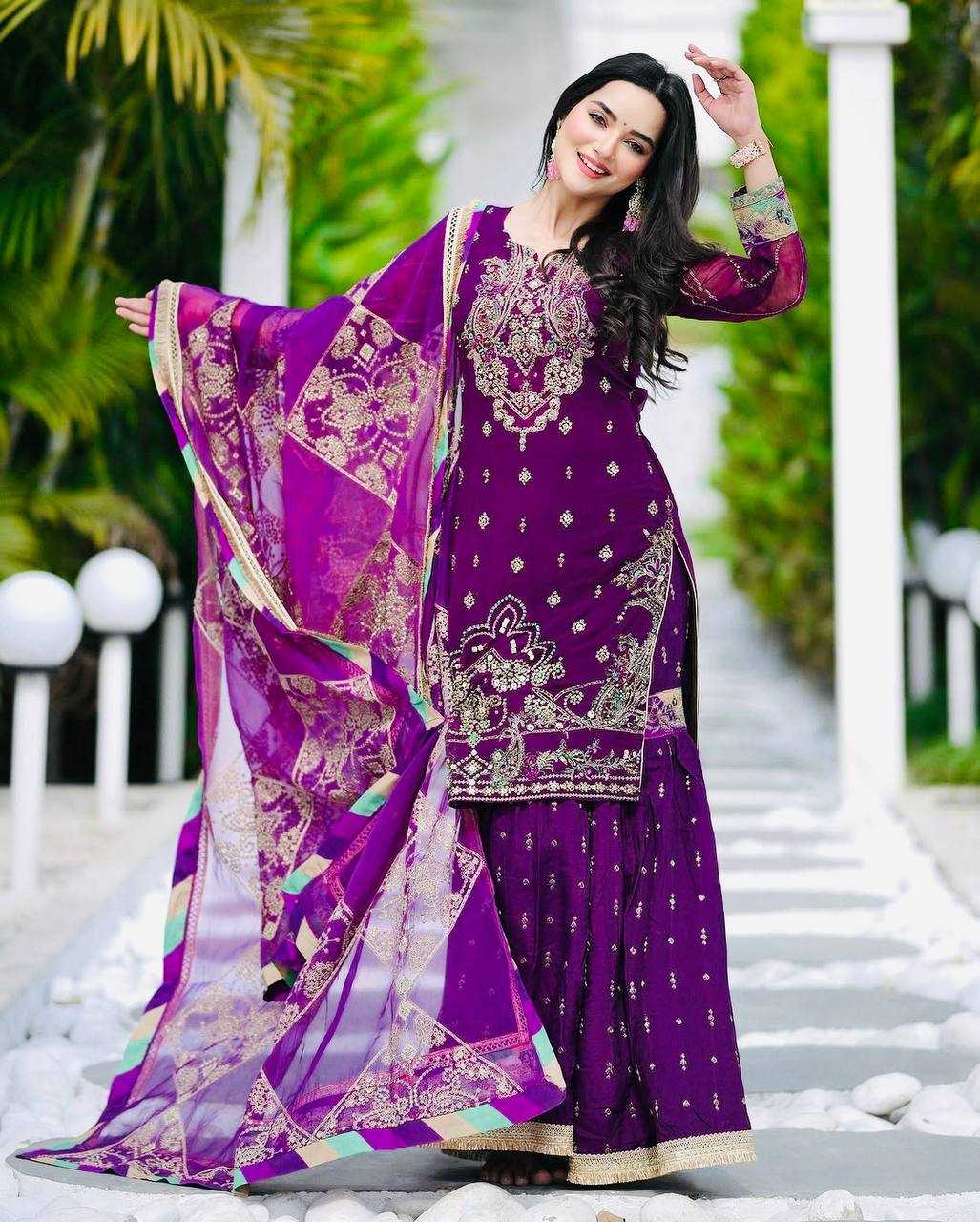 Ynf Faux Georgette KESH158 9025-1 Suits & Dresses Wedding Collections Festive Collections Wholesale Embroidery Suits Palazzo Suit Georgette Suit Manufacturer