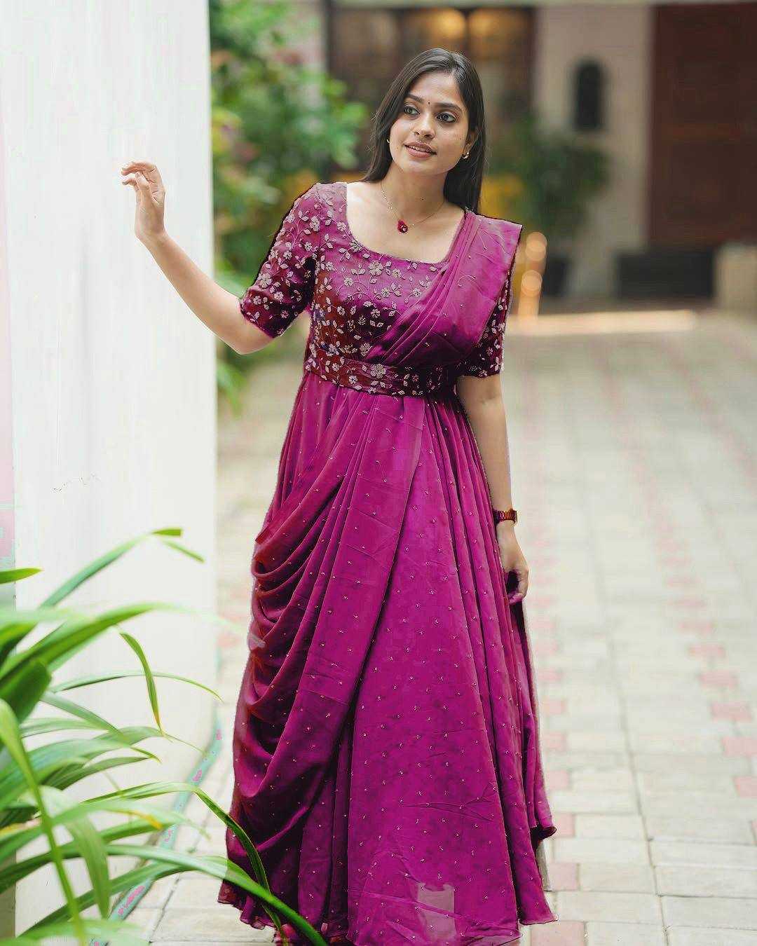 Ynf Georgette KESH492 207 Gowns Wedding Collections Festive Collections Wholesale Georgette Gown Embroidered Gown Gown With Belt Manufacturer