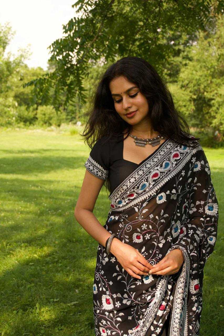 Ynf Georgette RIN105 BLACK QUEEN Sarees Wholesale Georgette Sarees Embroidered Sarees Black Sarees Manufacturer