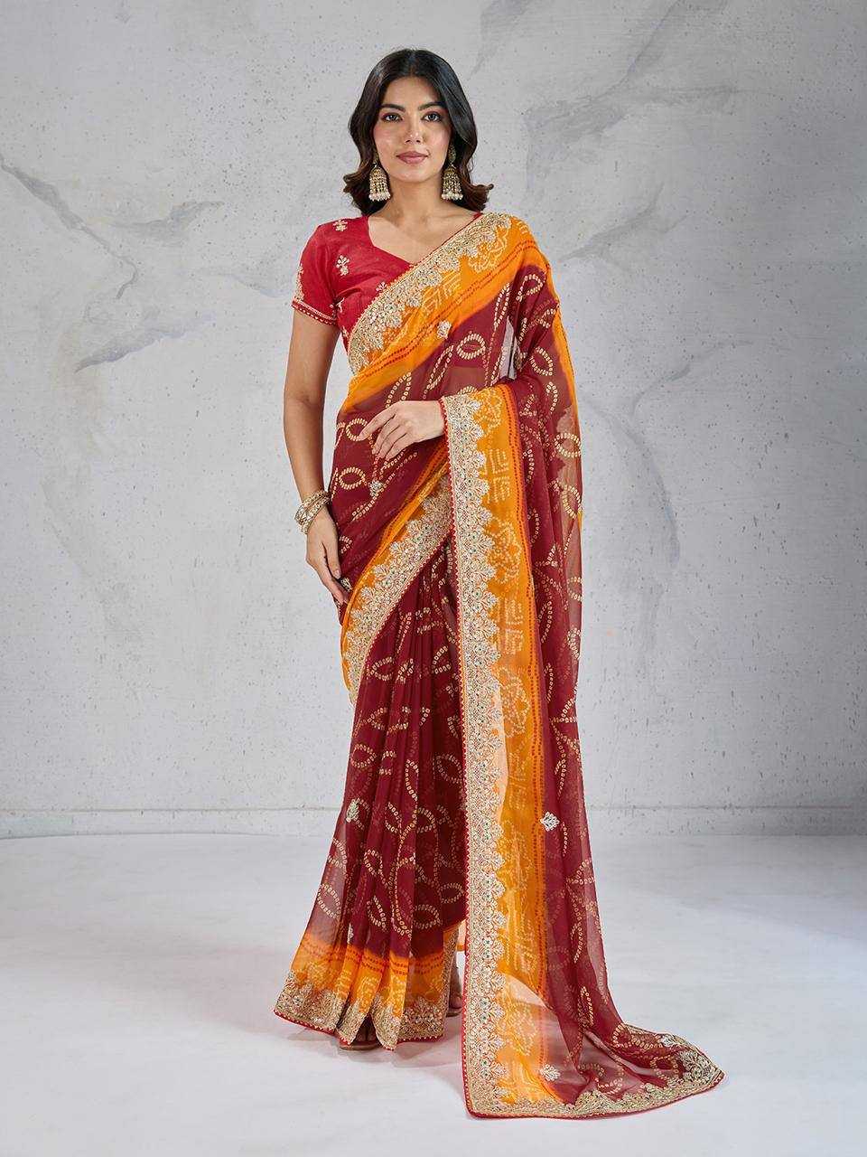 Ynf Georgette RIN188 Suvidha Pitta work Bandhej Sarees Wholesale Printed Sarees Georgette Sarees Gota Patti Sarees Printed Georgette Saree Manufacturer