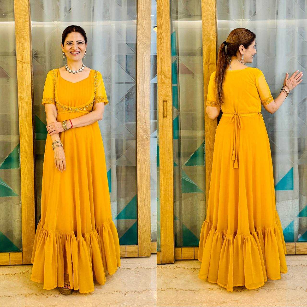 Ynf Georgette RIN213 L331 Gowns Festive Collections Plus Size Collections Wholesale Georgette Gown Party Wear Gowns Fit And Flare Gowns Manufacturer