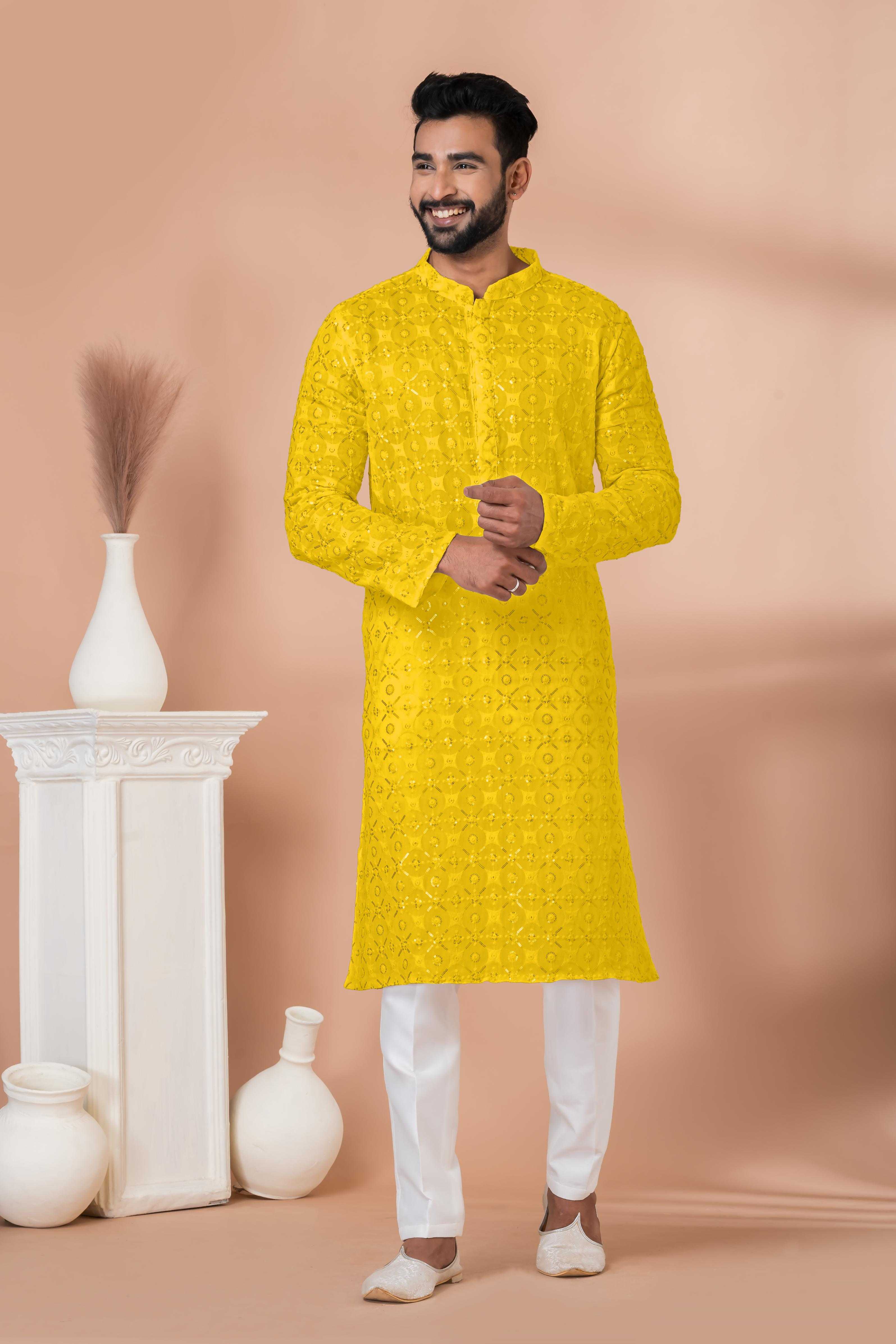Ynf Georgette RIN223 3309B Mens Wear Wedding Collections Wholesale Men Wedding kurta Embroidered Kurta Pajama Haldi Outfits Manufacturer